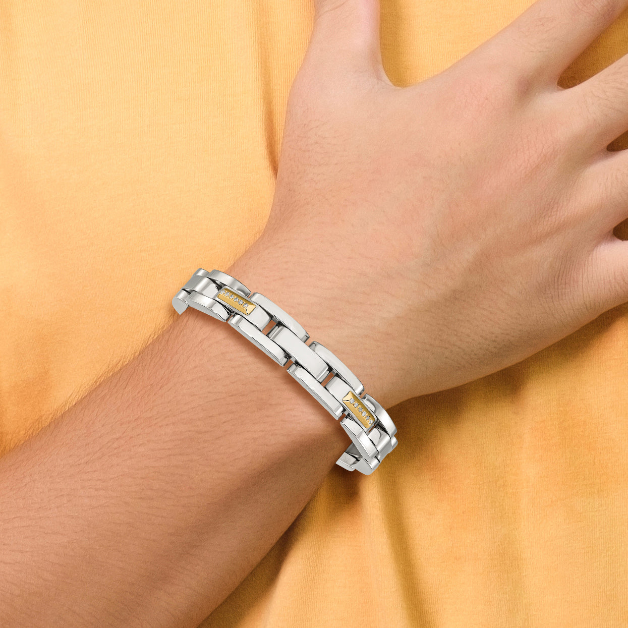 Men's Polished Diamond Stainless Steel Link Bracelet 11mm 8.25in