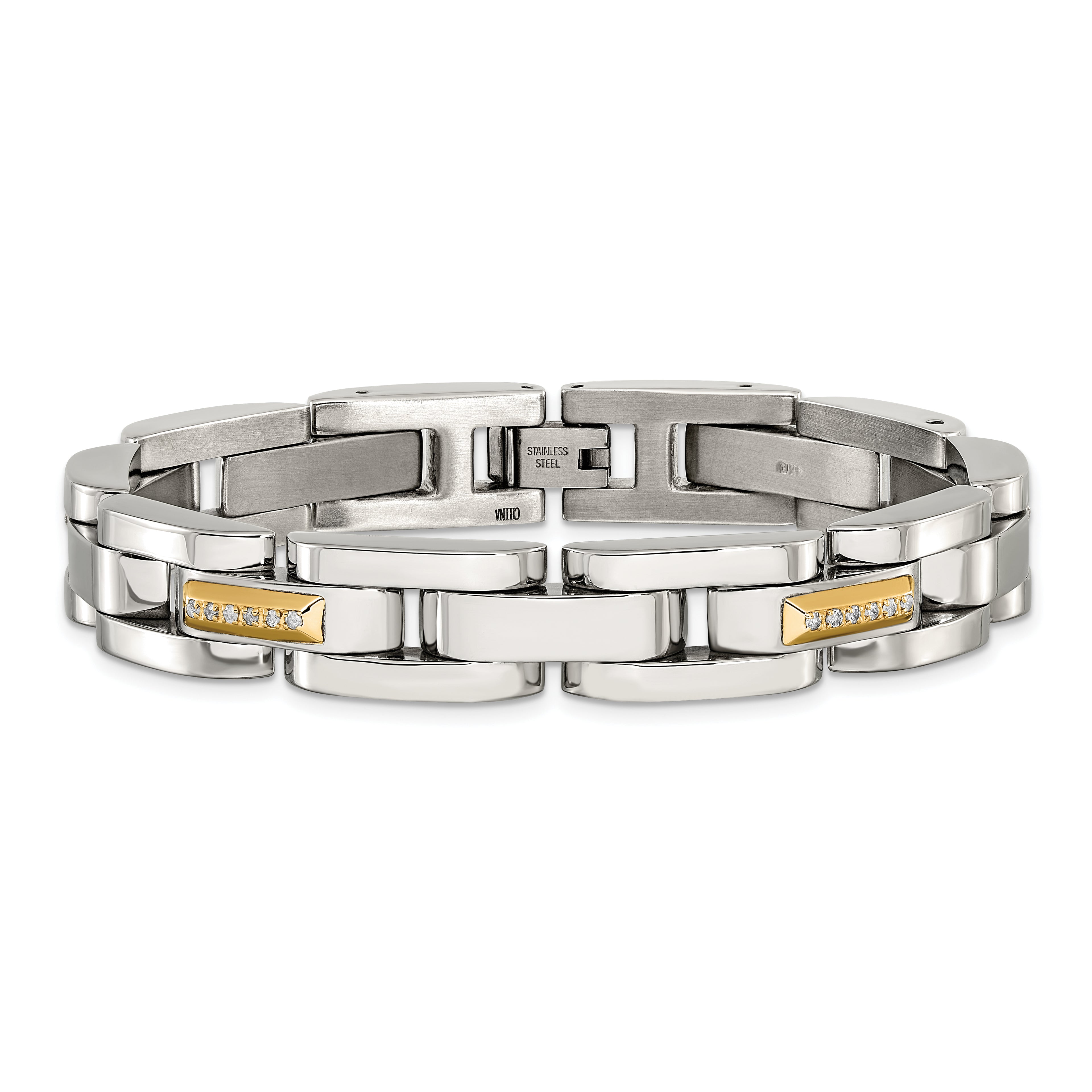 Men's Polished Diamond Stainless Steel Link Bracelet 11mm 8.25in