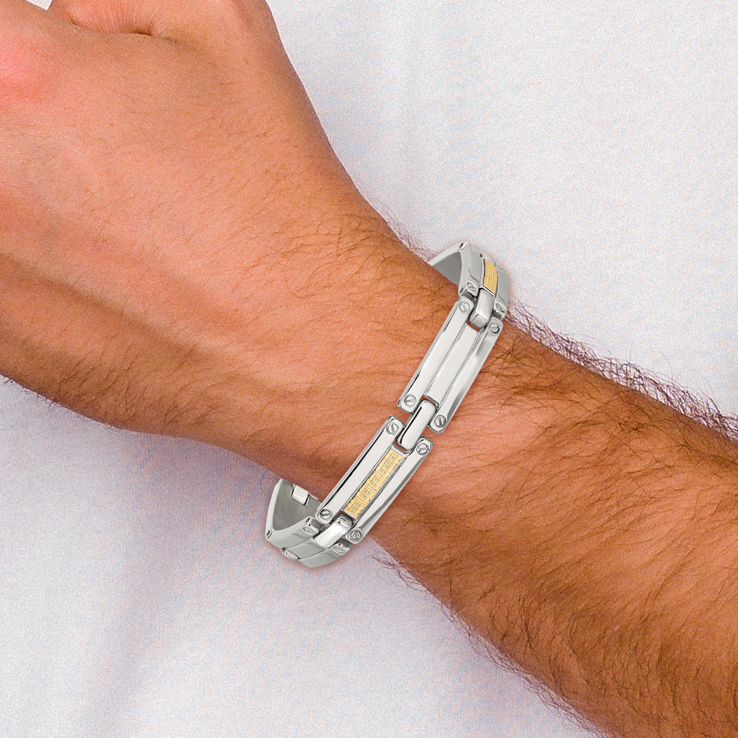 Men's Polished Stainless Steel 14K Gold Accent Link Bracelet 10mm 8.5in