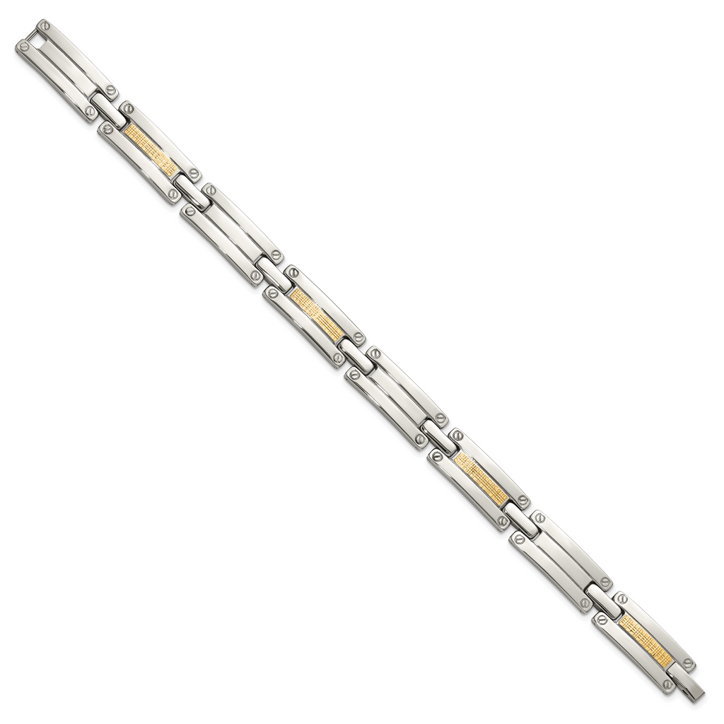 Men's Polished Stainless Steel 14K Gold Accent Link Bracelet 10mm 8.5in