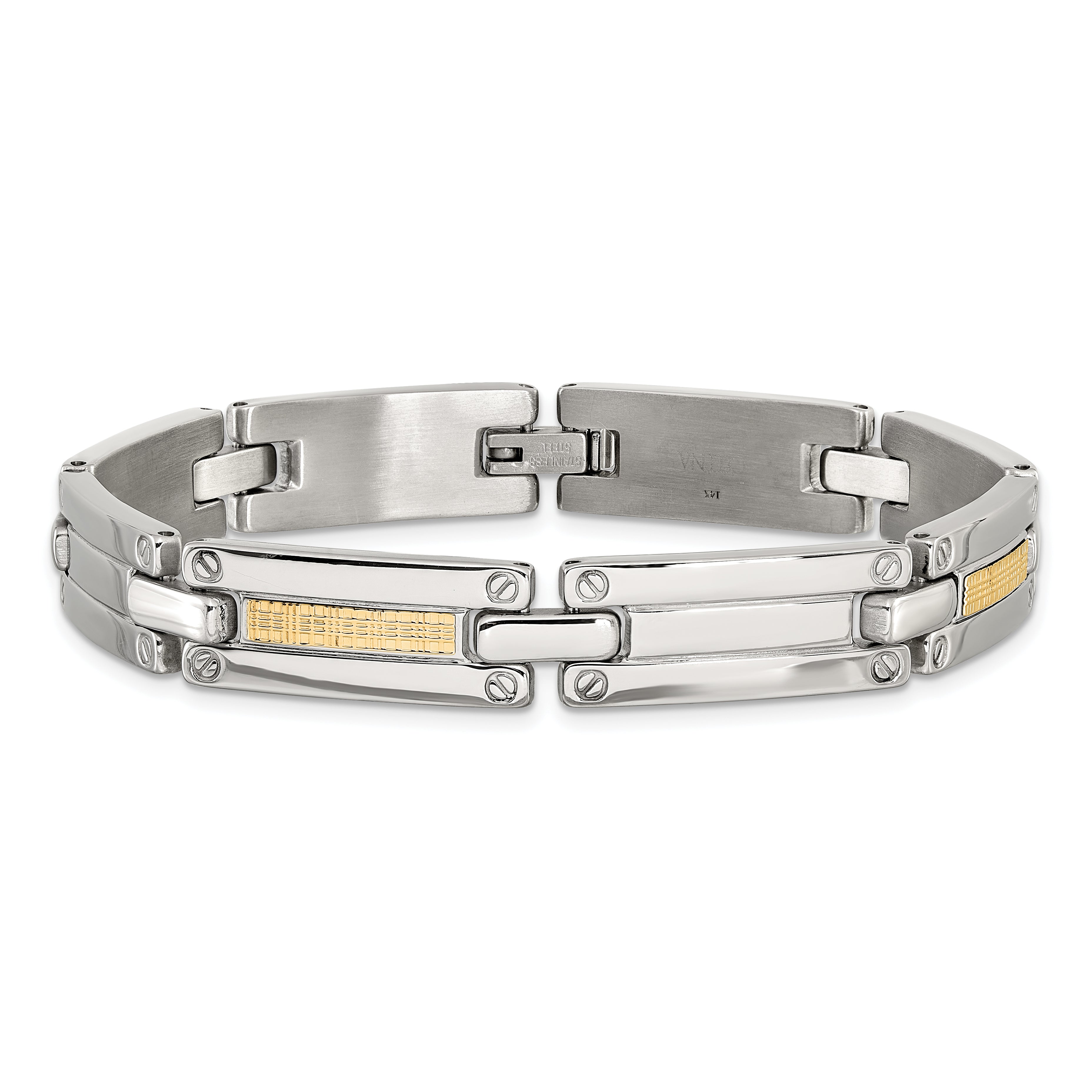 Men's Polished Stainless Steel 14K Gold Accent Link Bracelet 10mm 8.5in