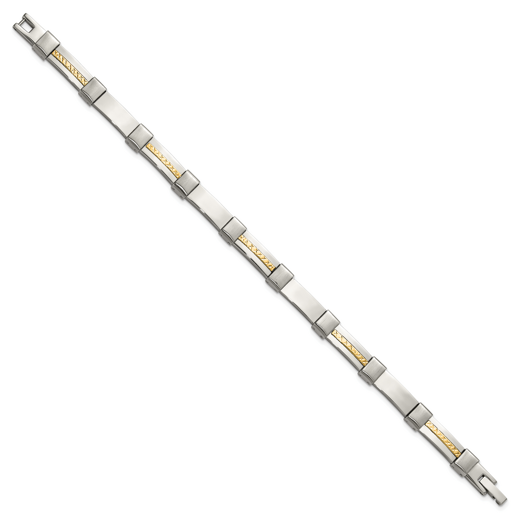 Men's Brushed and Polished Stainless Steel 14K Gold Accent Link Bracelet 7mm