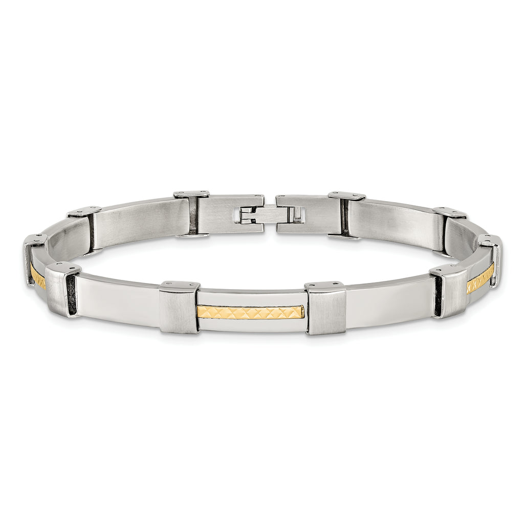 Men's Brushed and Polished Stainless Steel 14K Gold Accent Link Bracelet 7mm