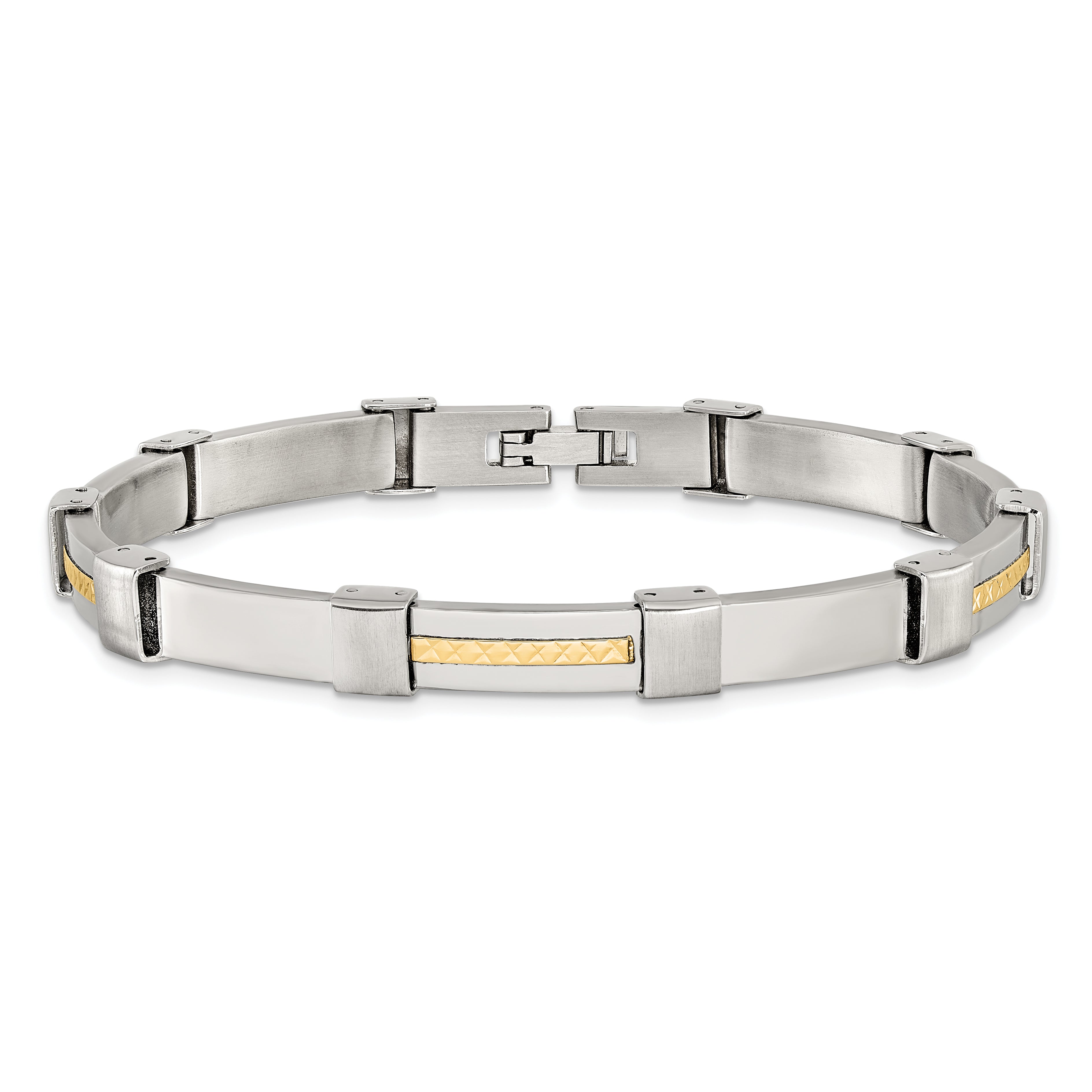 Men's Brushed and Polished Stainless Steel 14K Gold Accent Link Bracelet 7mm