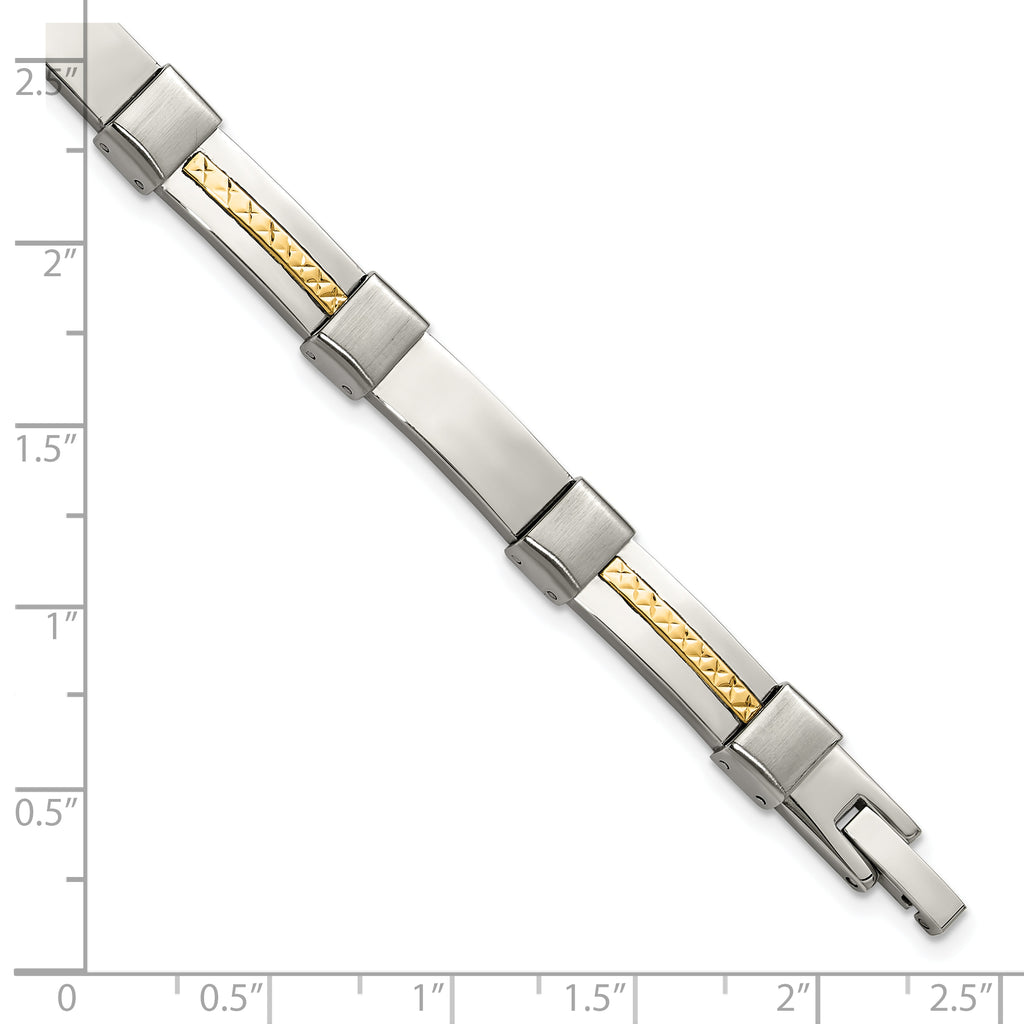 Men's Brushed and Polished Stainless Steel 14K Gold Accent Link Bracelet 7mm
