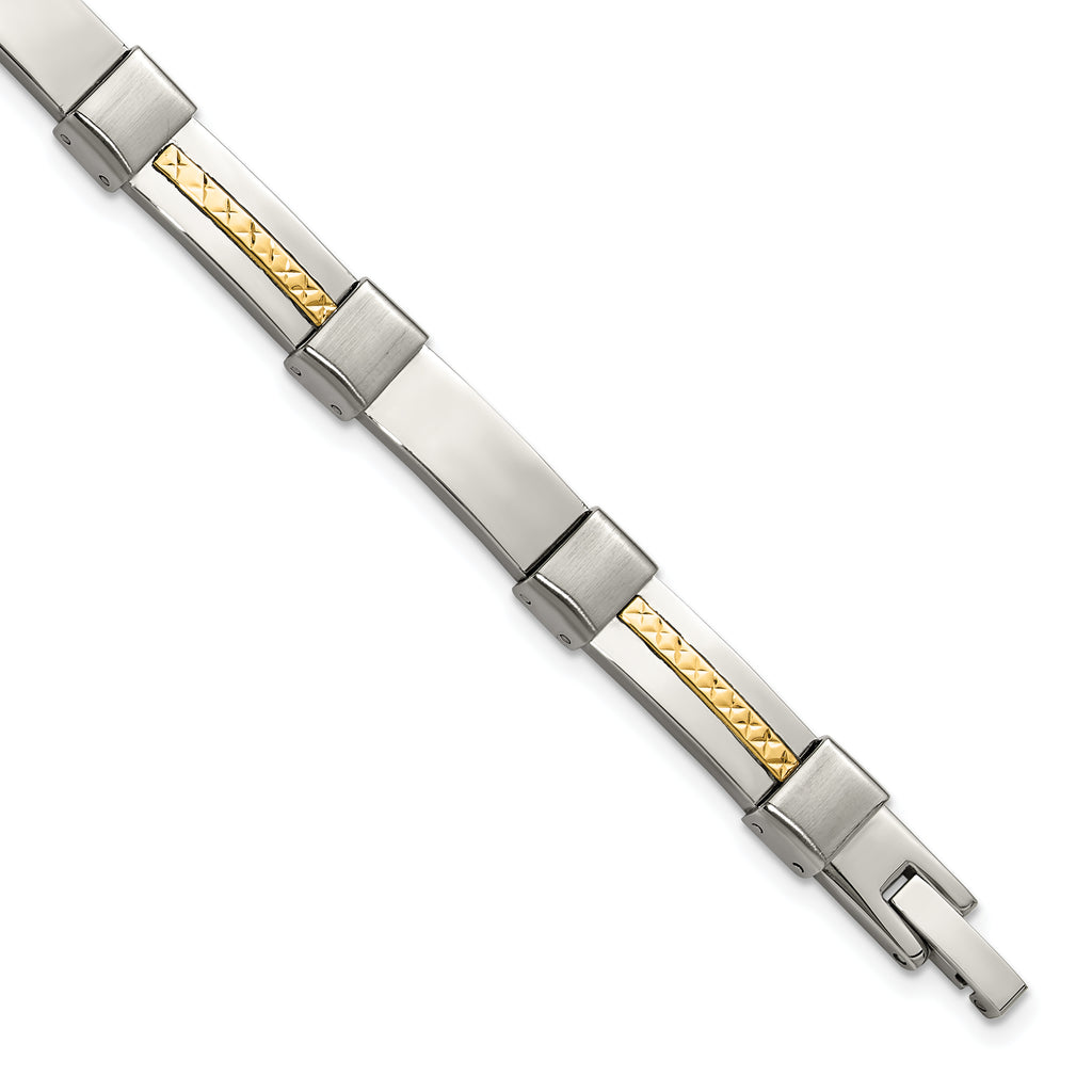 Men's Brushed and Polished Stainless Steel 14K Gold Accent Link Bracelet 7mm