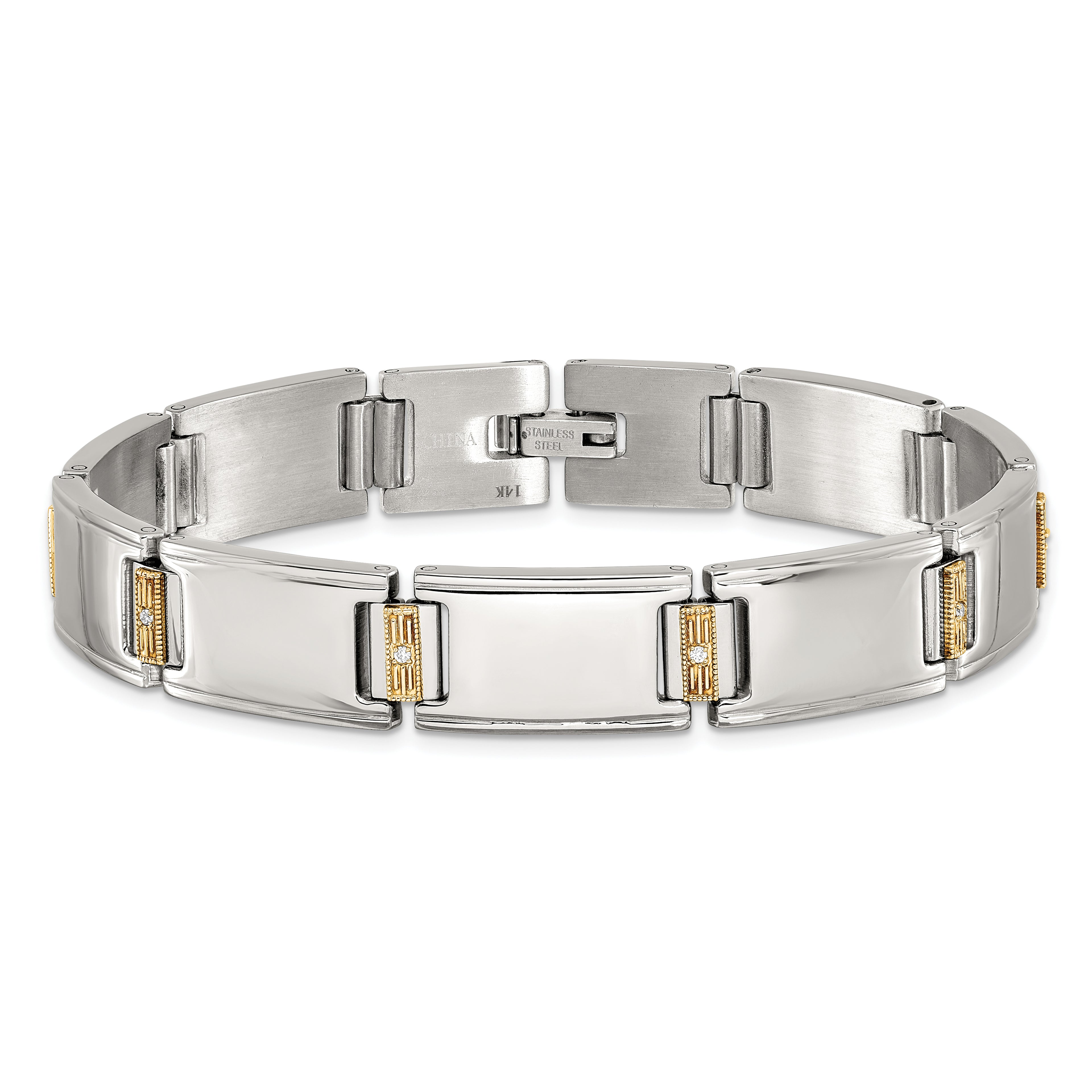 Men's Polished Diamond Stainless Steel Link Bracelet 12mm