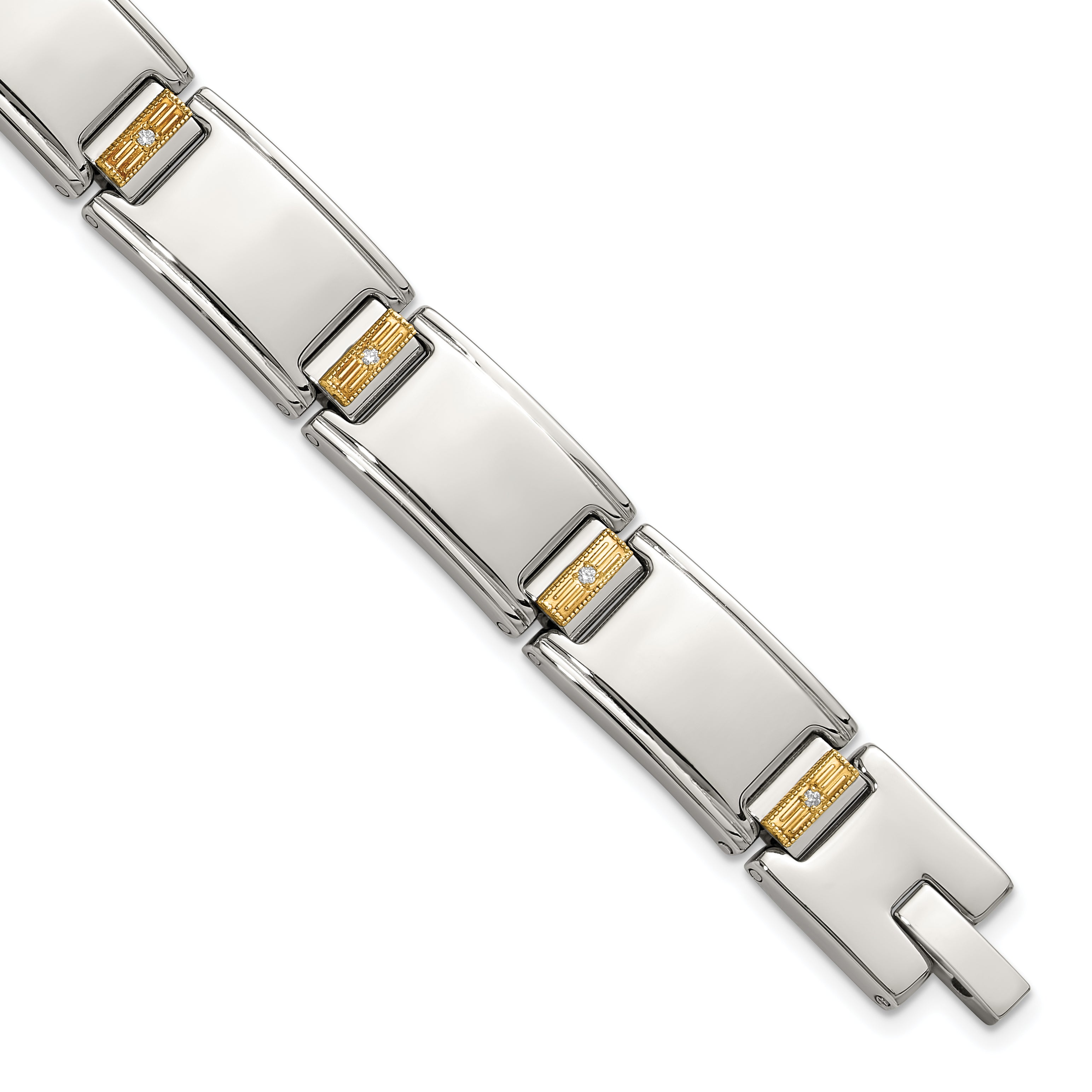 Men's Polished Diamond Stainless Steel Link Bracelet 12mm