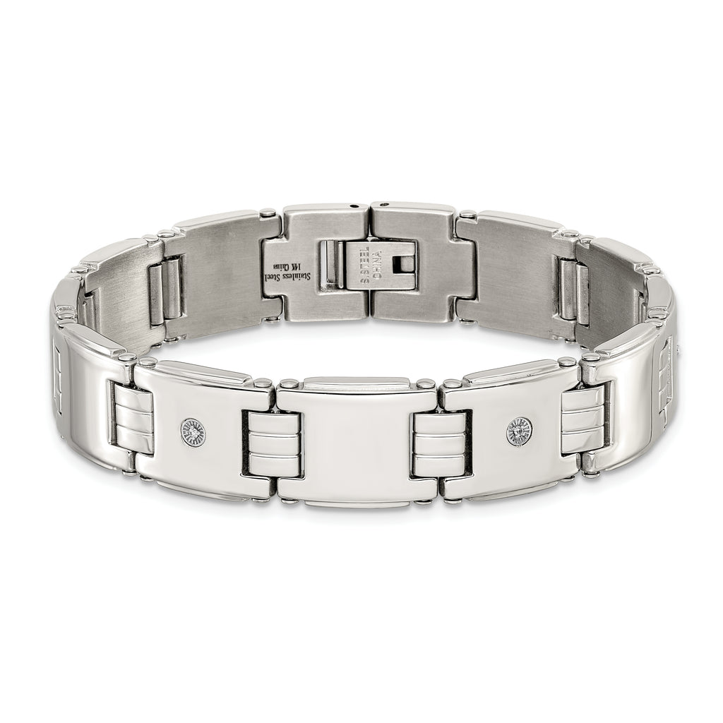 Men's Polished Diamond Stainless Steel Link Bracelet 13mm