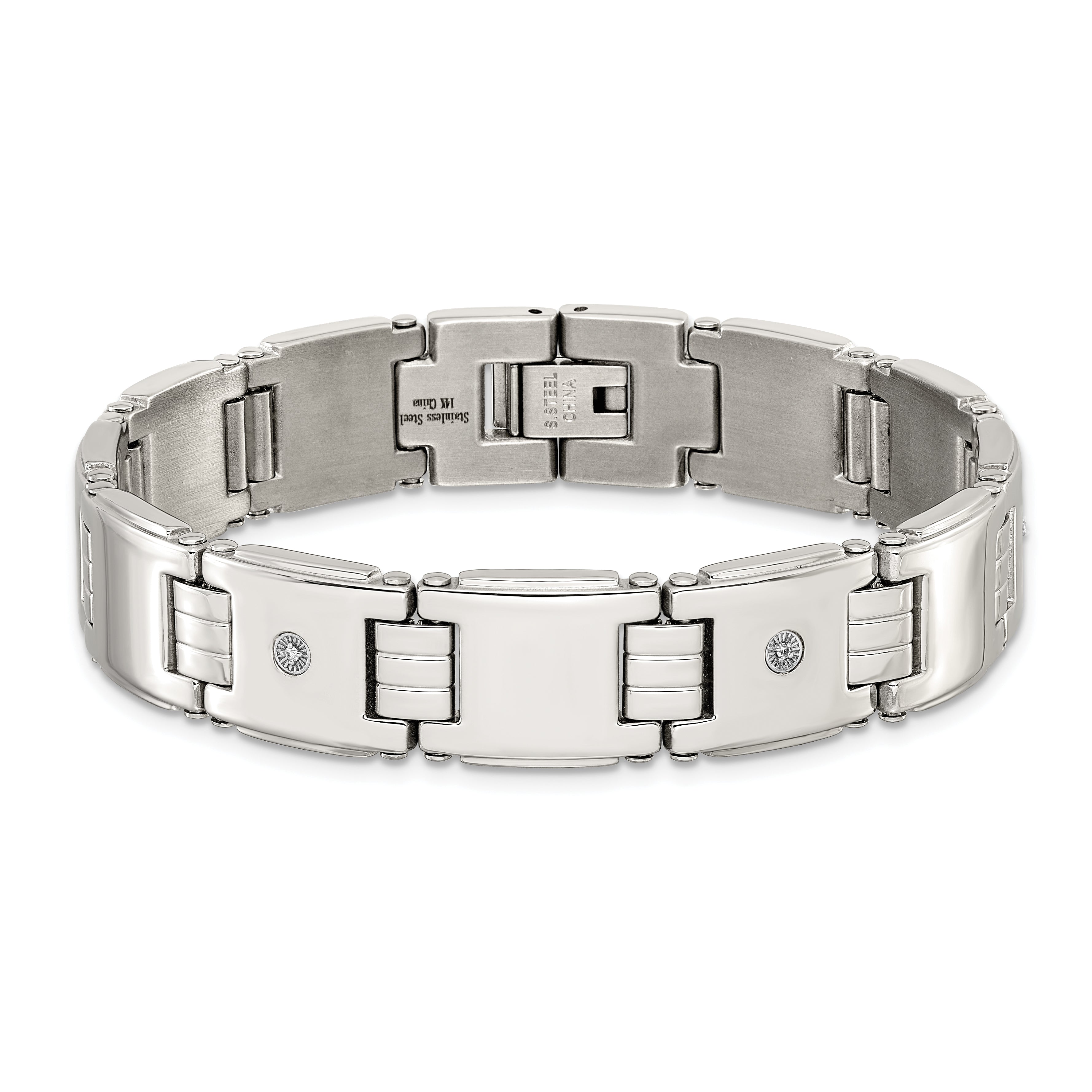 Men's Polished Diamond Stainless Steel Link Bracelet 13mm