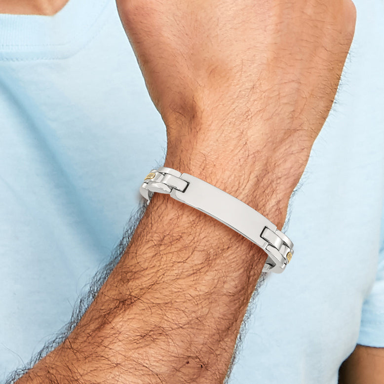 Men's Polished Stainless Steel 14K Gold Accent ID Bracelet 11mm