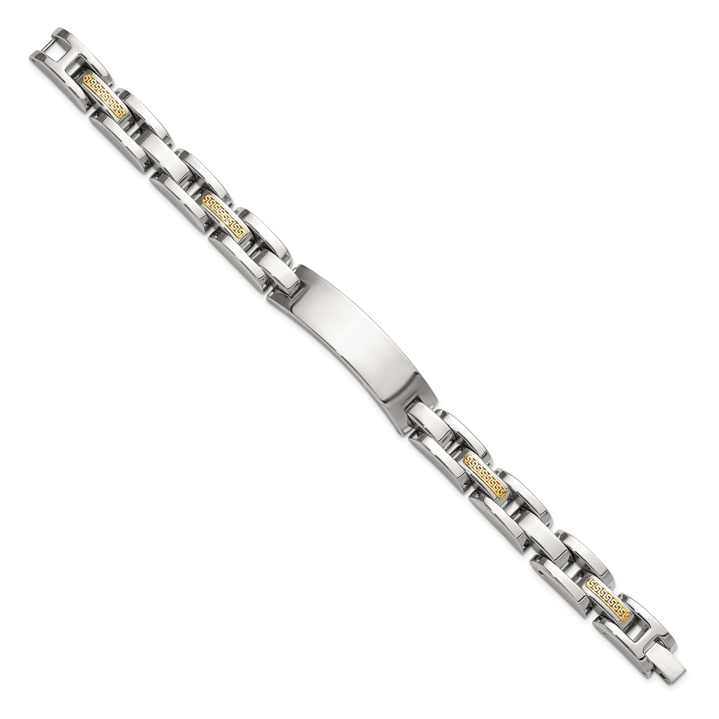 Men's Polished Stainless Steel 14K Gold Accent ID Bracelet 11mm