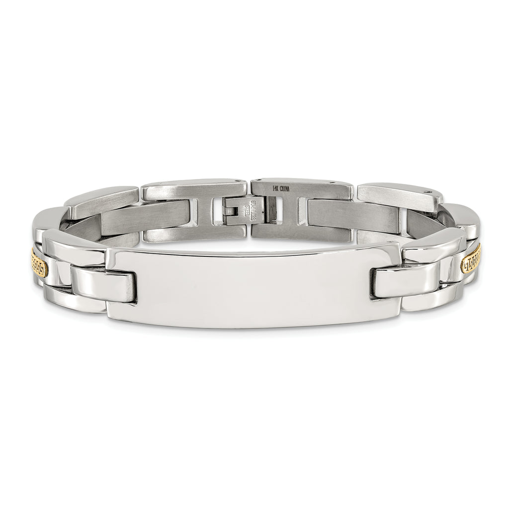 Men's Polished Stainless Steel 14K Gold Accent ID Bracelet 11mm