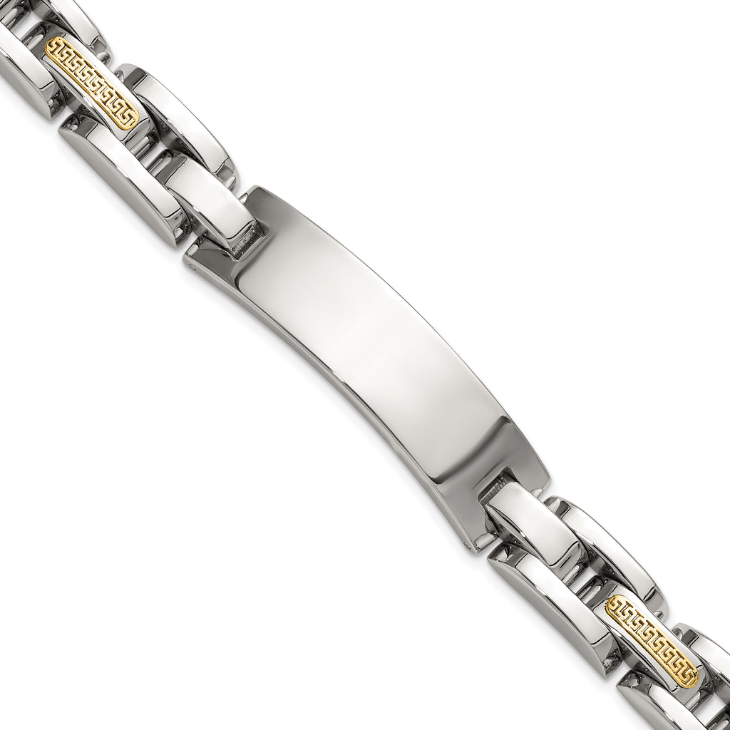Men's Polished Stainless Steel 14K Gold Accent ID Bracelet 11mm