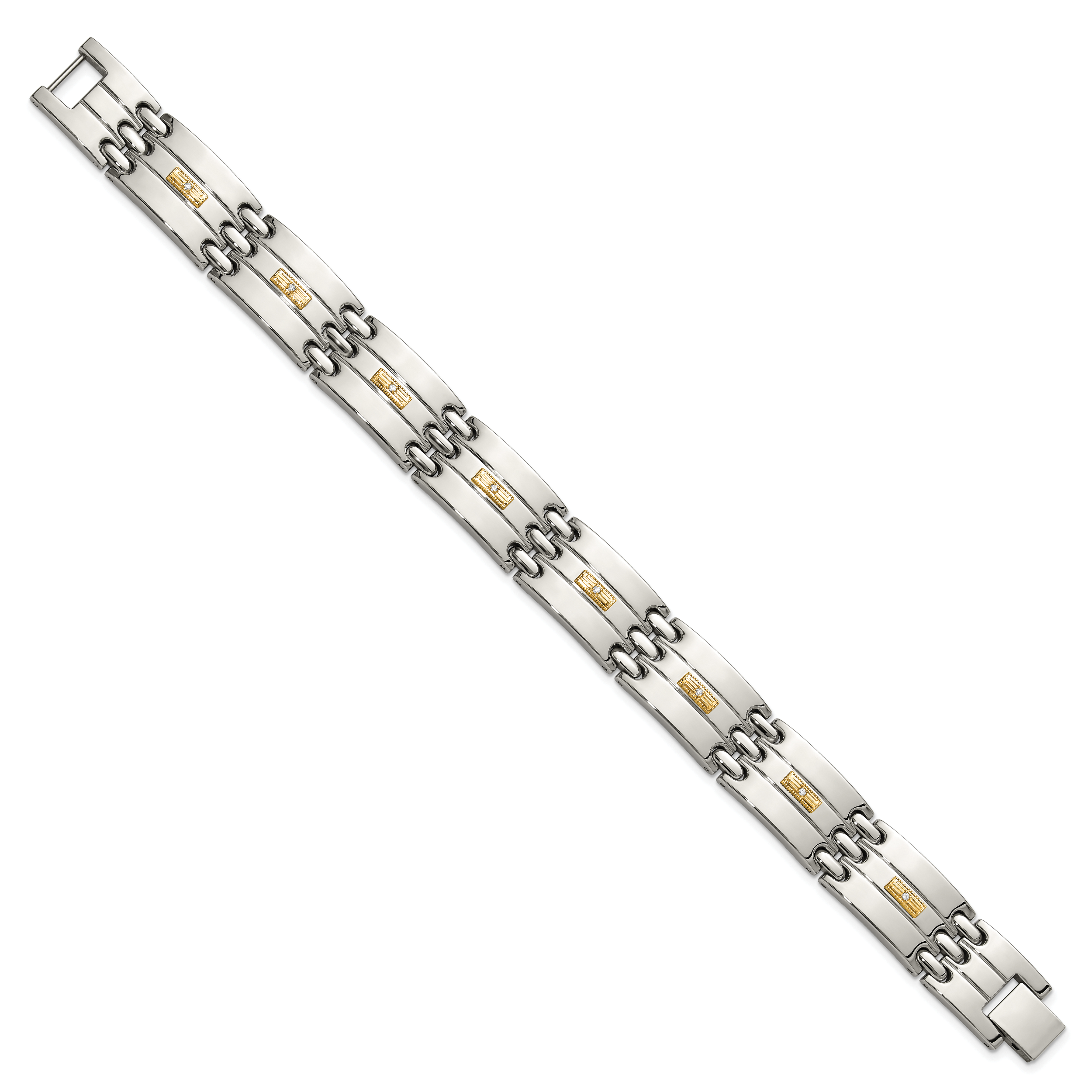 Men's Polished Diamond Stainless Steel Link Bracelet 14mm