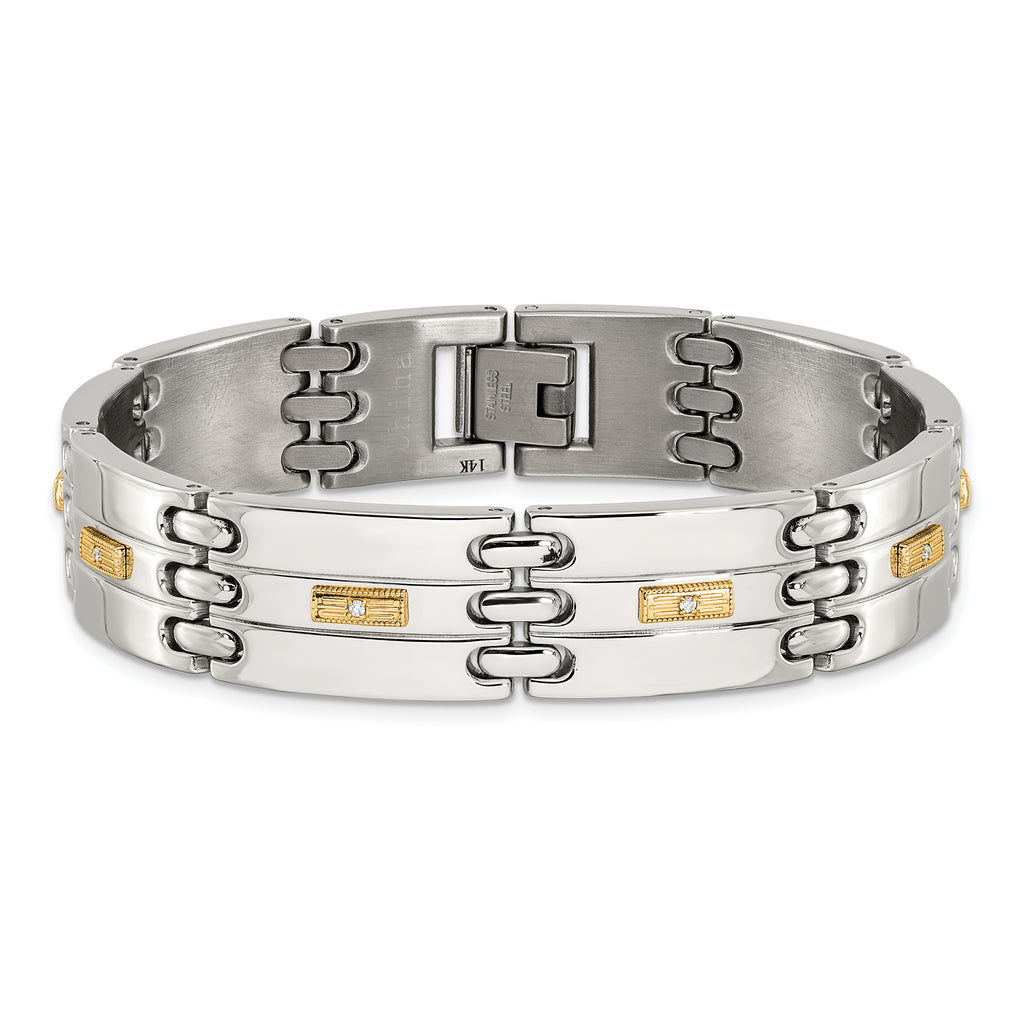 Men's Polished Diamond Stainless Steel Link Bracelet 14mm