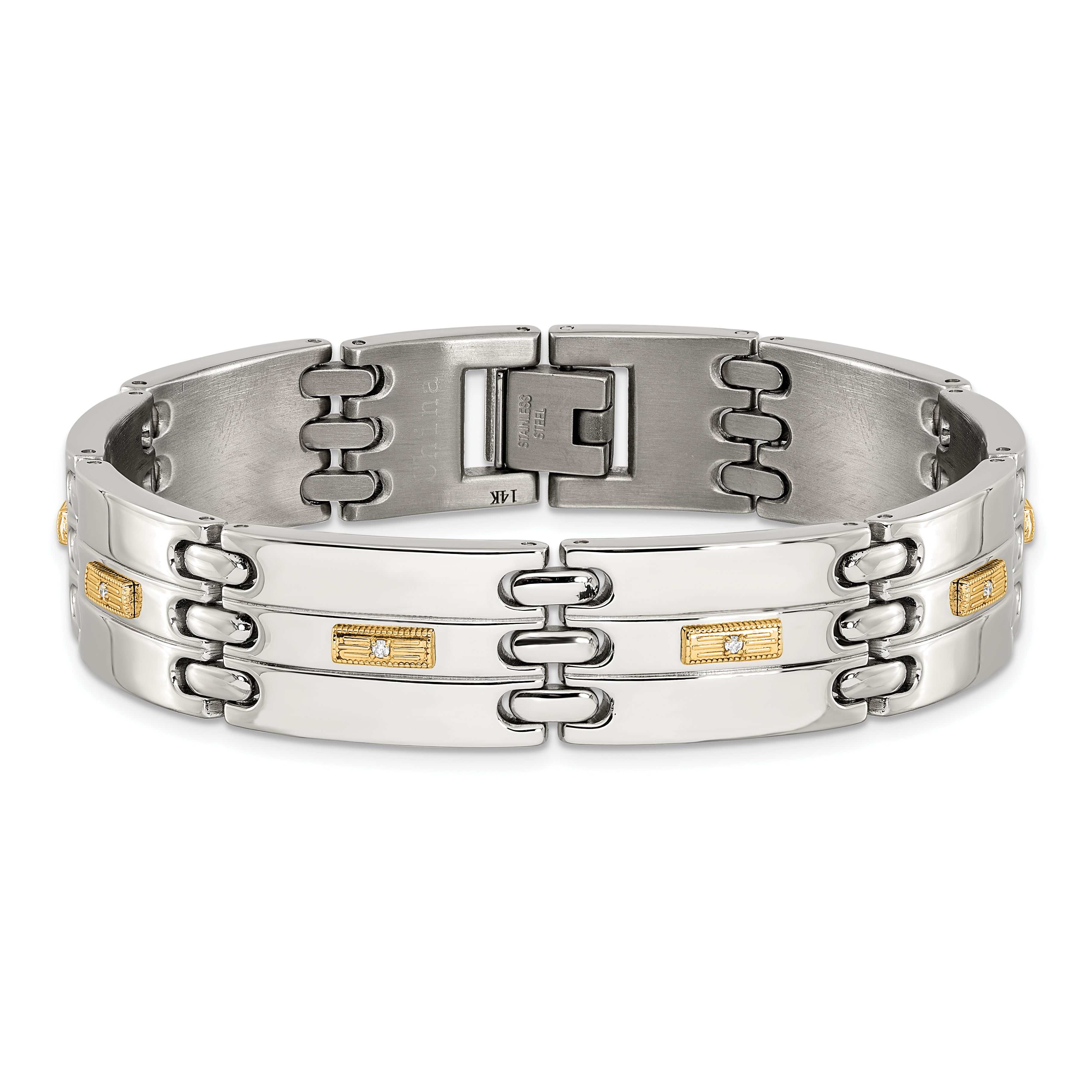 Men's Polished Diamond Stainless Steel Link Bracelet 14mm