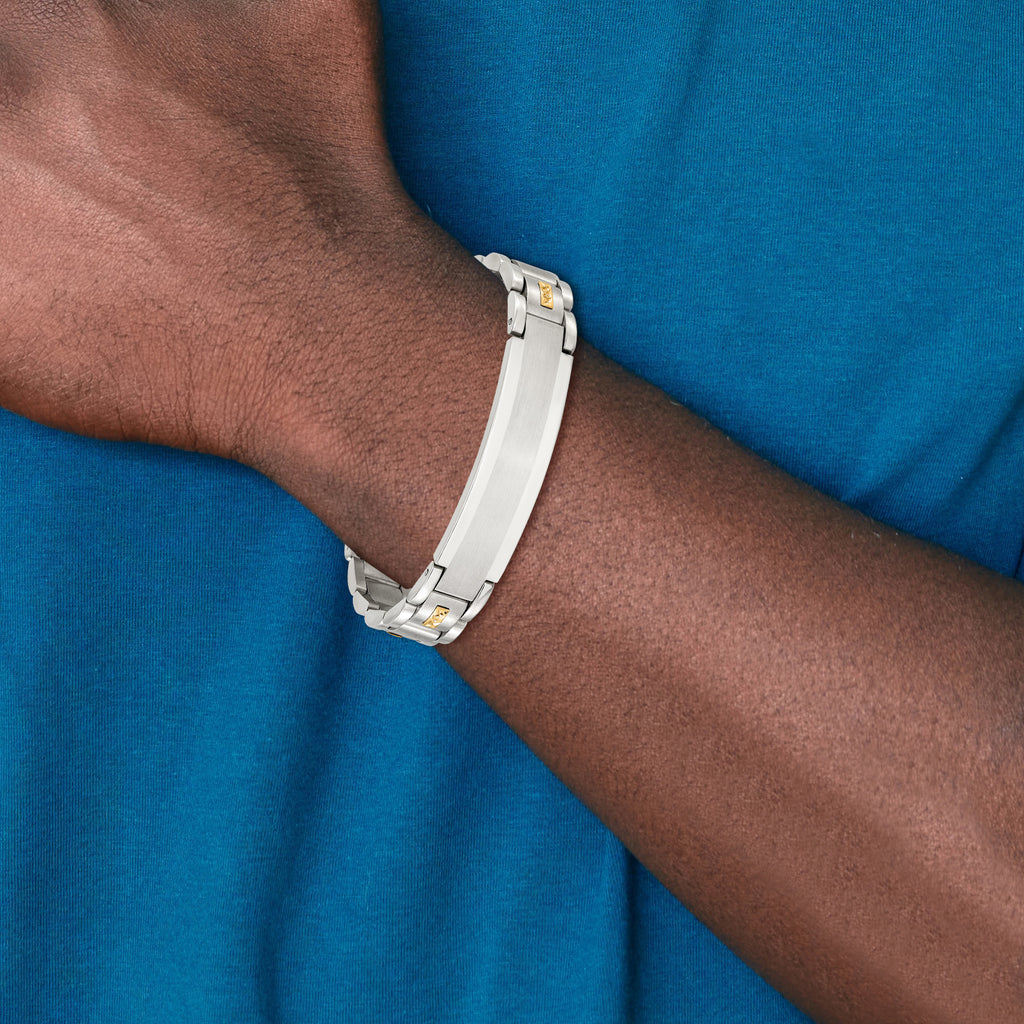 Men's Brushed and Polished Stainless Steel 14K Gold Accent ID Bracelet 12mm