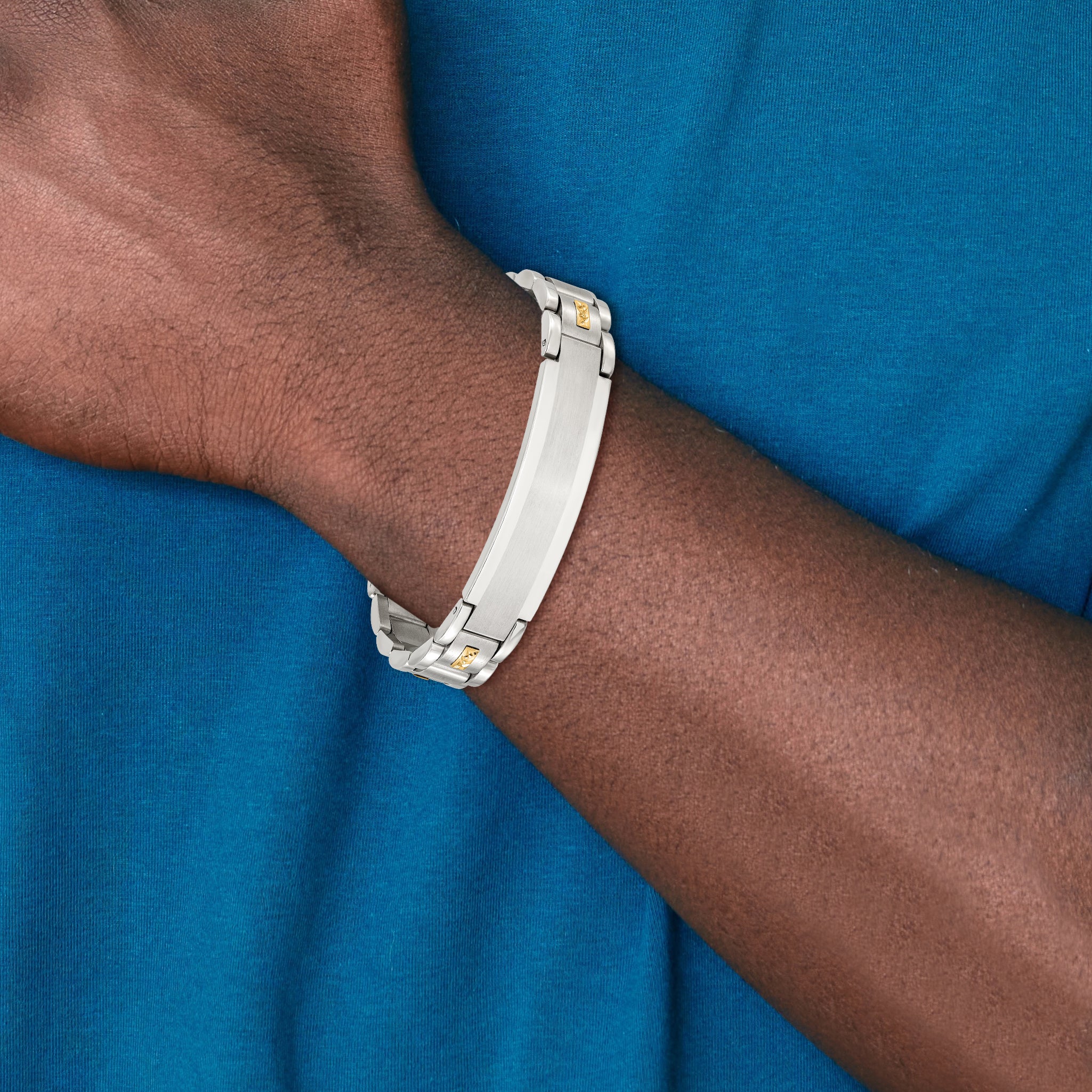 Men's Brushed and Polished Stainless Steel 14K Gold Accent ID Bracelet 12mm
