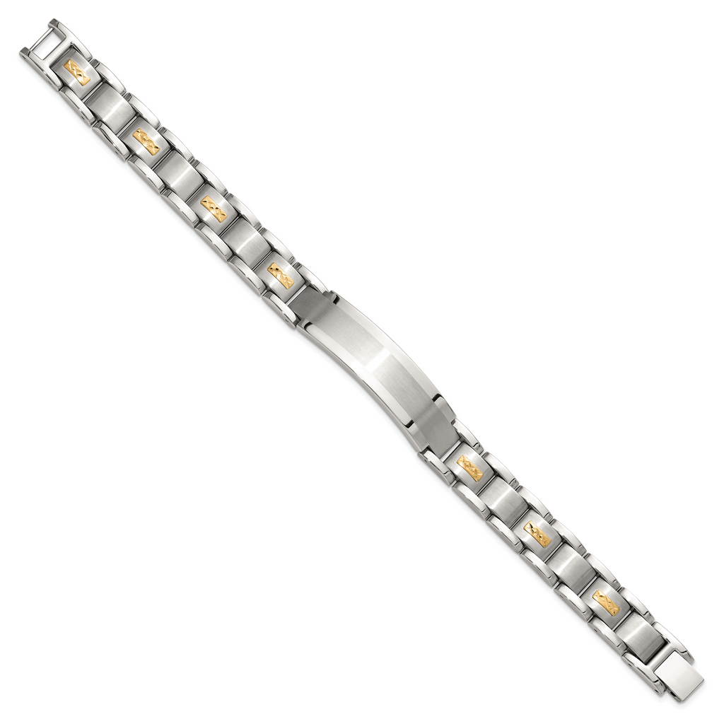 Men's Brushed and Polished Stainless Steel 14K Gold Accent ID Bracelet 12mm