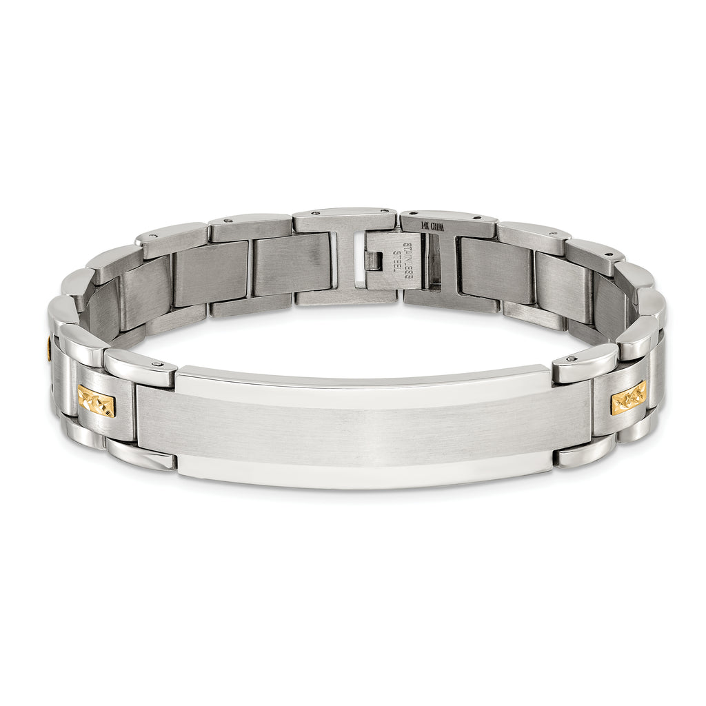 Men's Brushed and Polished Stainless Steel 14K Gold Accent ID Bracelet 12mm