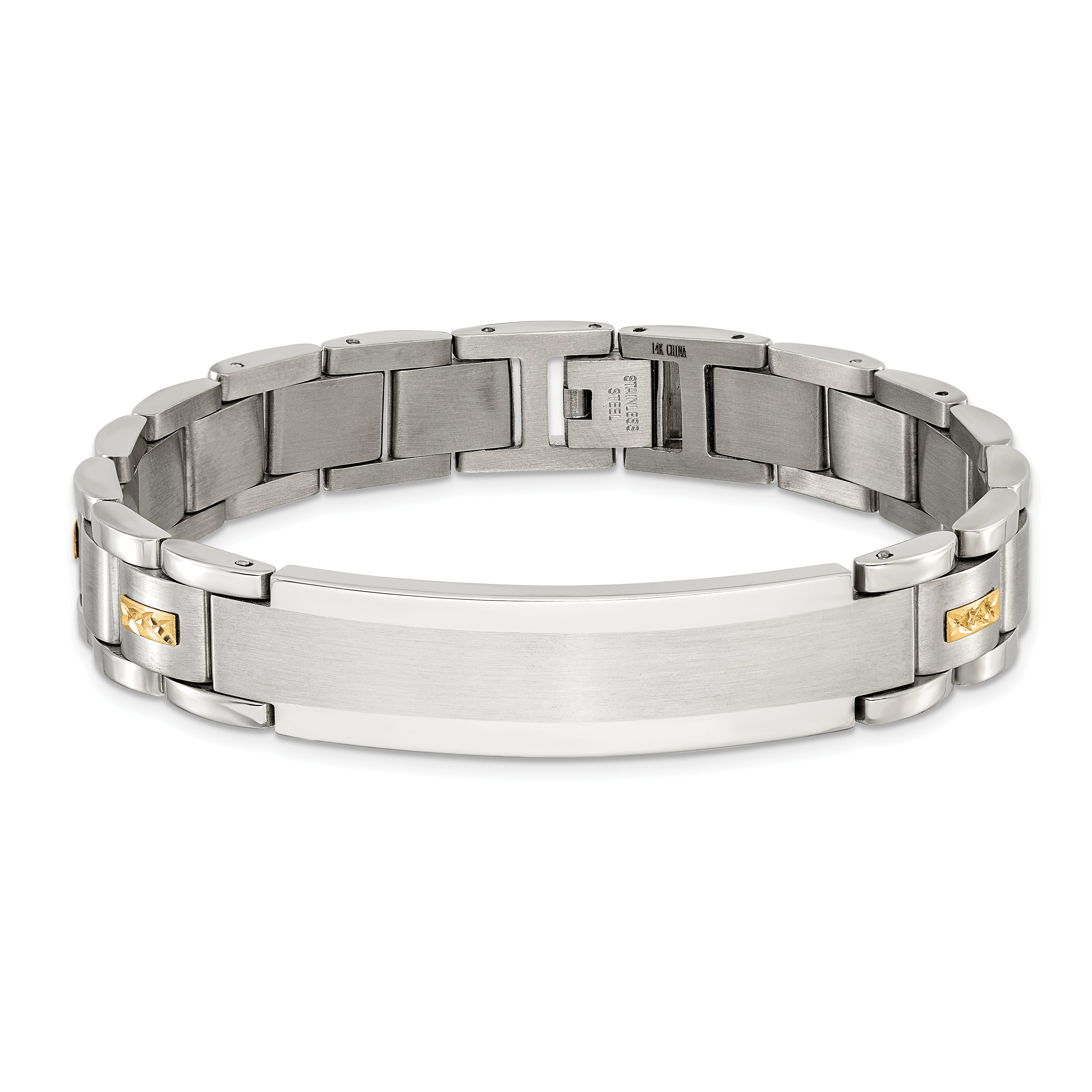 Men's Brushed and Polished Stainless Steel 14K Gold Accent ID Bracelet 12mm