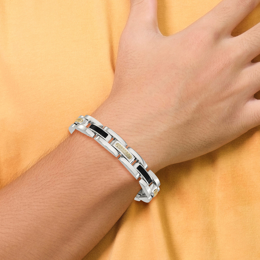 Men's Polished Stainless Steel 14K Gold Accent Link Bracelet 11mm 8.25in