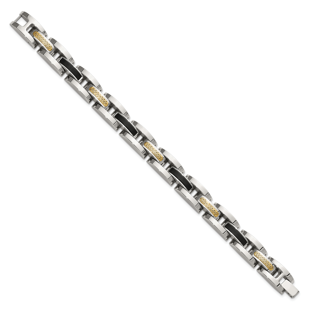 Men's Polished Stainless Steel 14K Gold Accent Link Bracelet 11mm 8.25in
