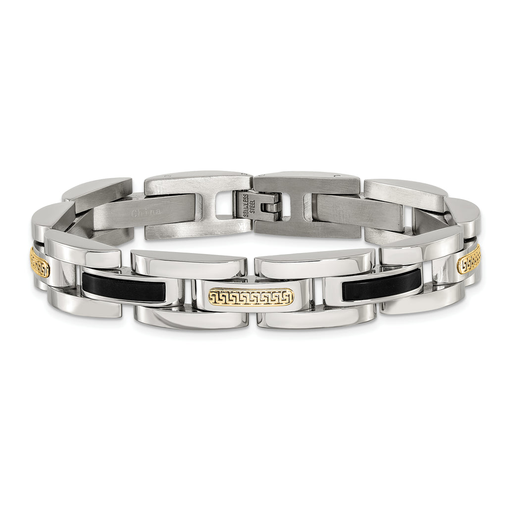 Men's Polished Stainless Steel 14K Gold Accent Link Bracelet 11mm 8.25in
