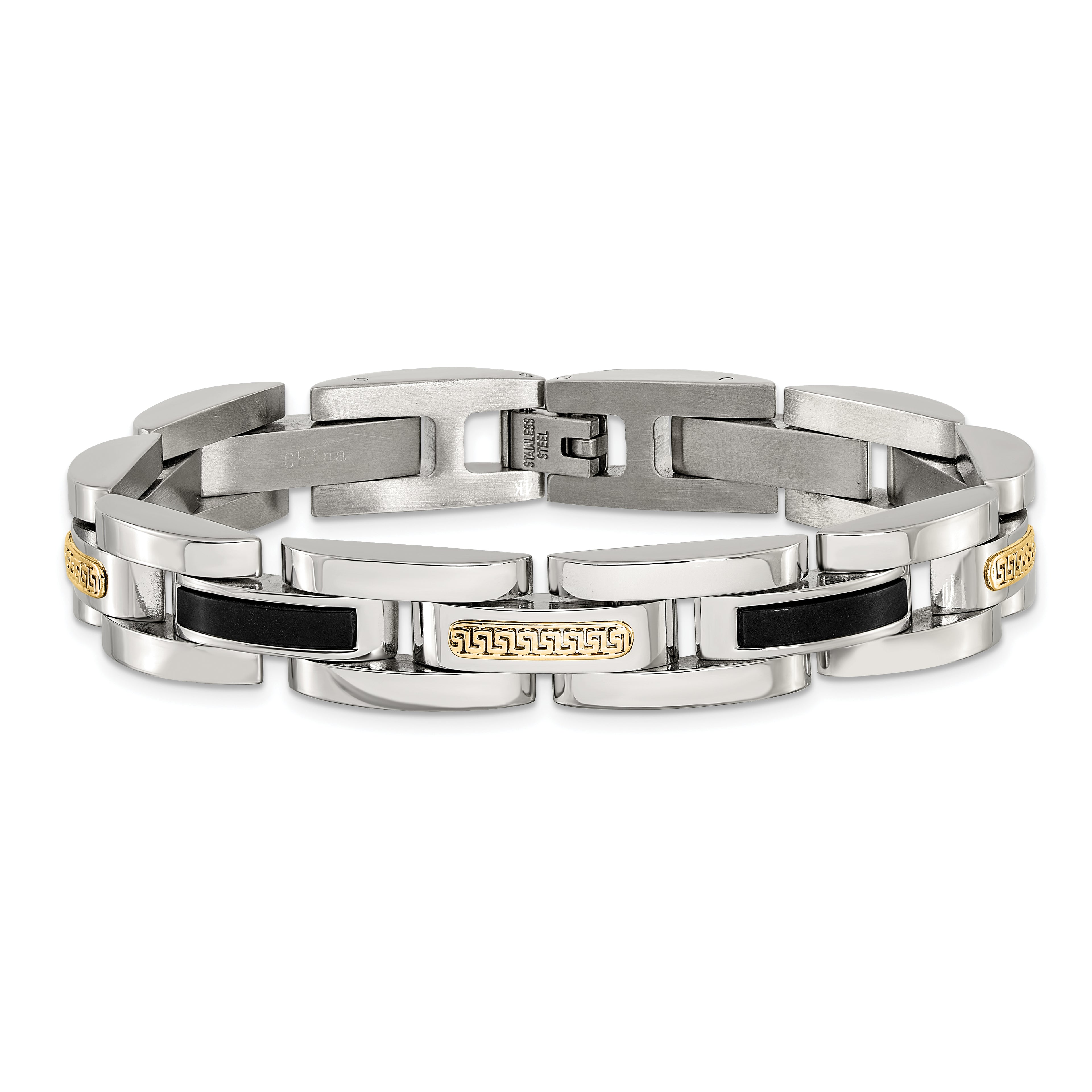 Men's Polished Stainless Steel 14K Gold Accent Link Bracelet 11mm 8.25in