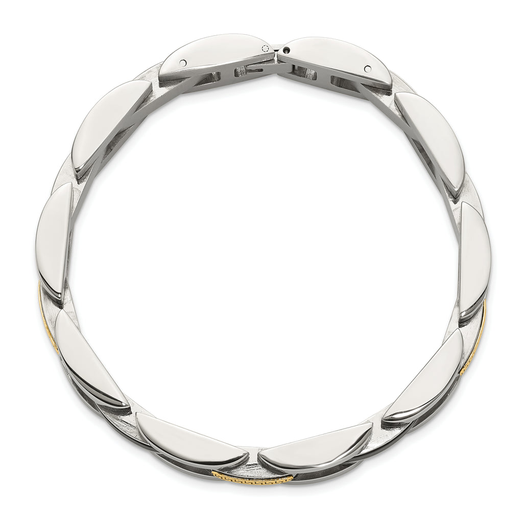 Men's Polished Stainless Steel 14K Gold Accent Link Bracelet 11mm 8.25in