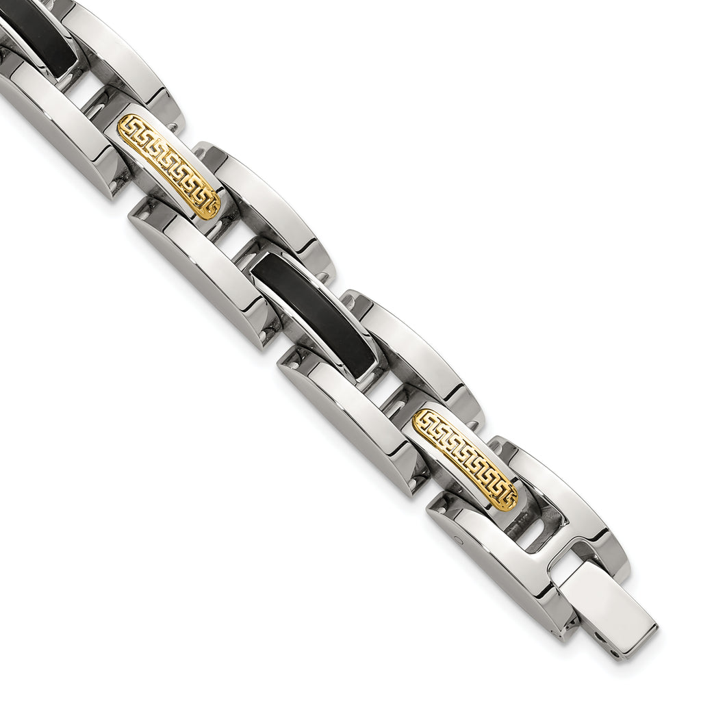 Men's Polished Stainless Steel 14K Gold Accent Link Bracelet 11mm 8.25in