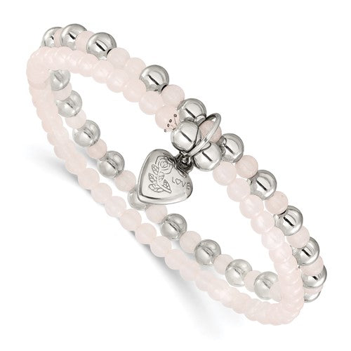 Puffed Heart Pink Quartz Two-Strand Bracelet in Stainless Steel, 5mm - Sophia Jewelers