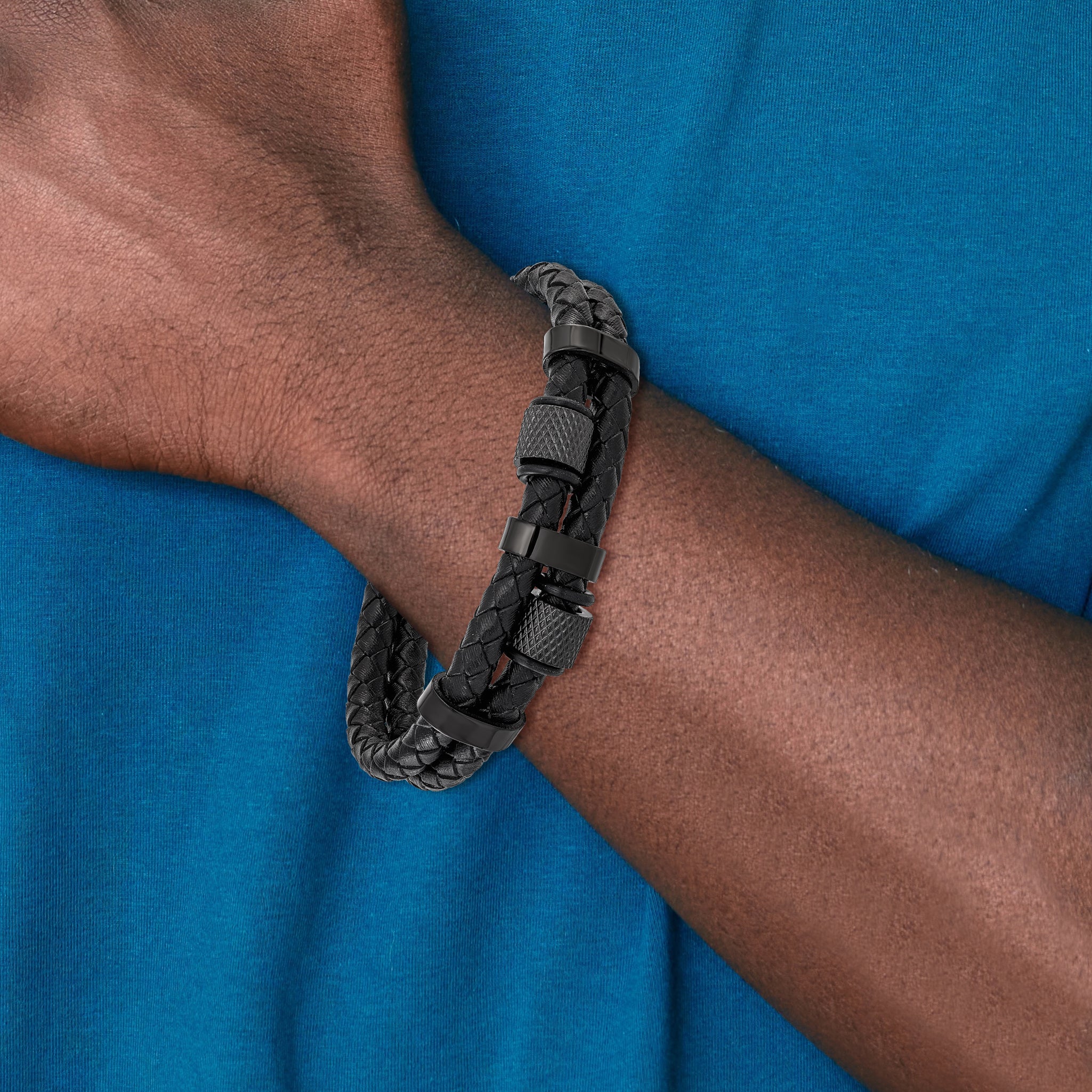 Men's Black Ion-Plated Polished Leather Stainless Steel Bracelet 12mm