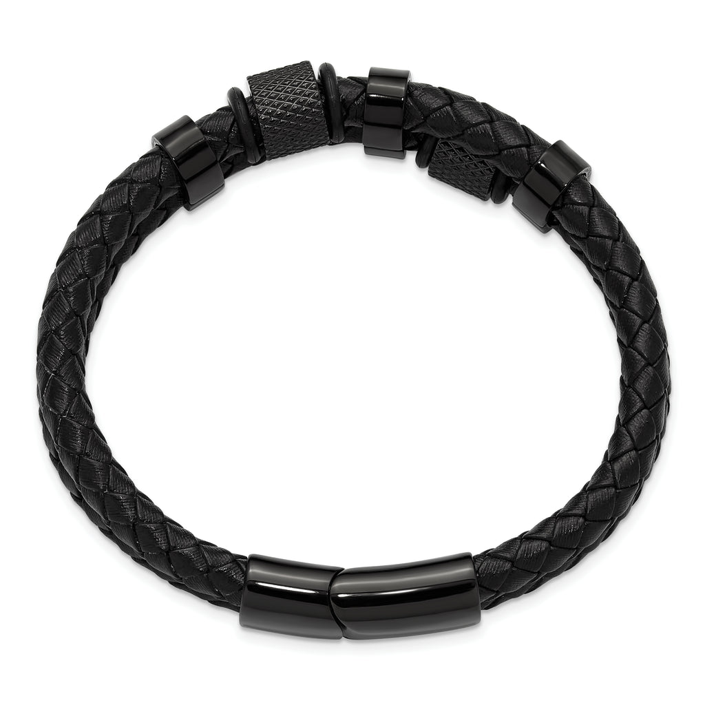 Men's Black Ion-Plated Polished Leather Stainless Steel Bracelet 12mm