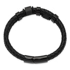 Men's Black Ion-Plated Polished Leather Stainless Steel Bracelet 12mm