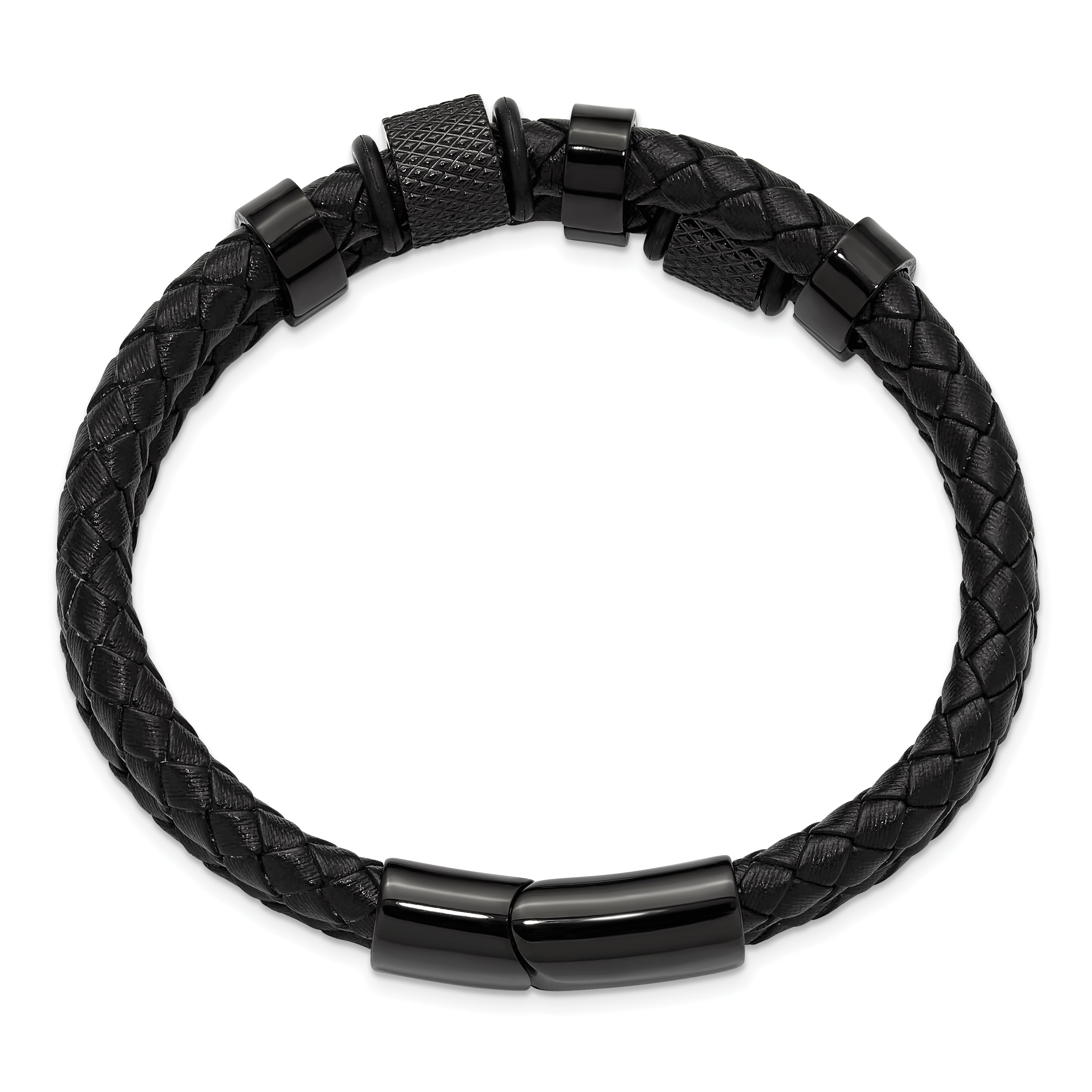 Men's Black Ion-Plated Polished Leather Stainless Steel Bracelet 12mm