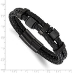Men's Black Ion-Plated Polished Leather Stainless Steel Bracelet 12mm