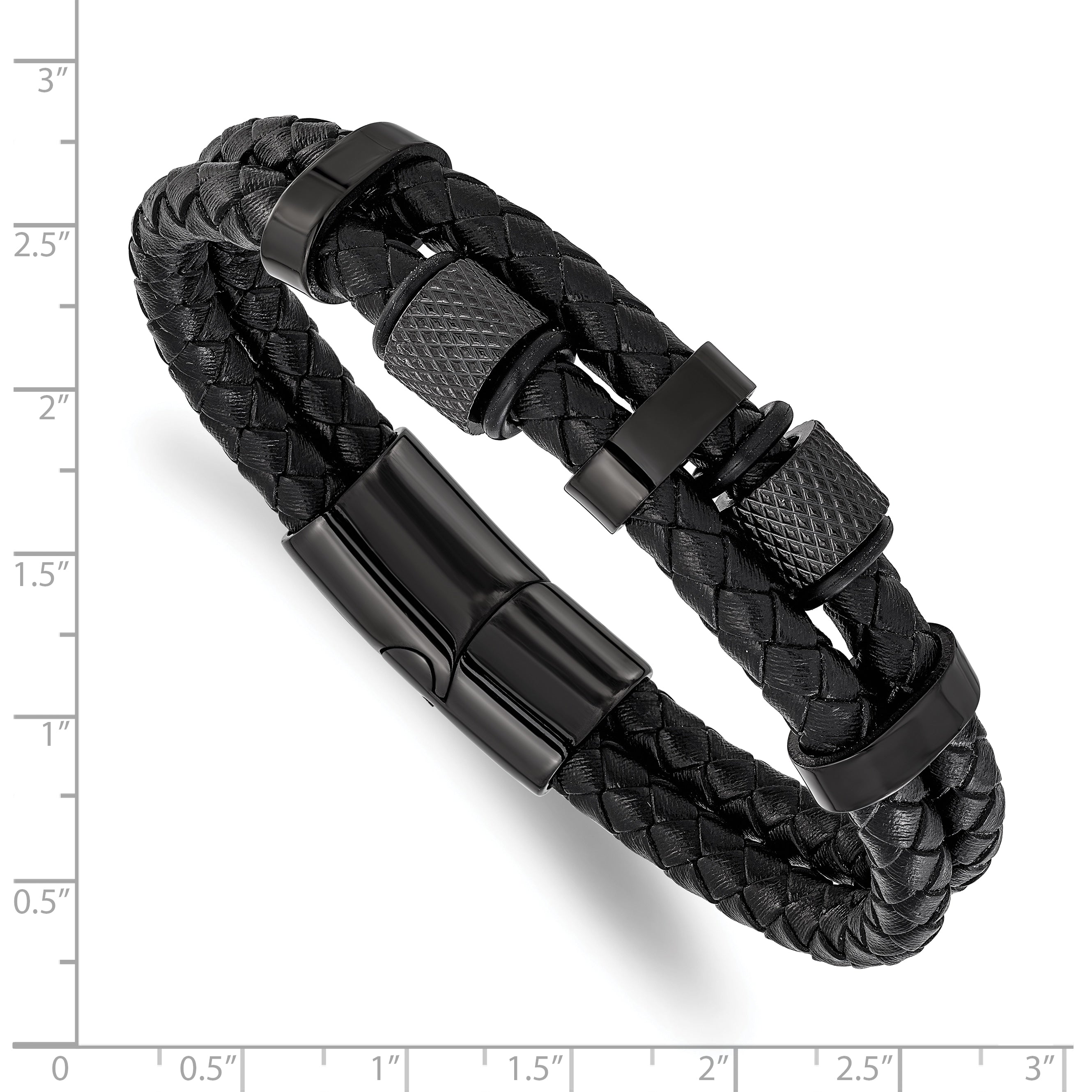 Men's Black Ion-Plated Polished Leather Stainless Steel Bracelet 12mm