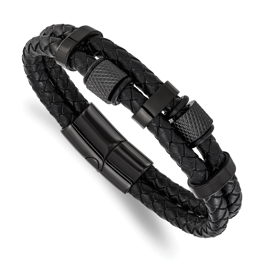 Men's Black Ion-Plated Polished Leather Stainless Steel Bracelet 12mm