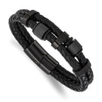 Men's Black Ion-Plated Polished Leather Stainless Steel Bracelet 12mm