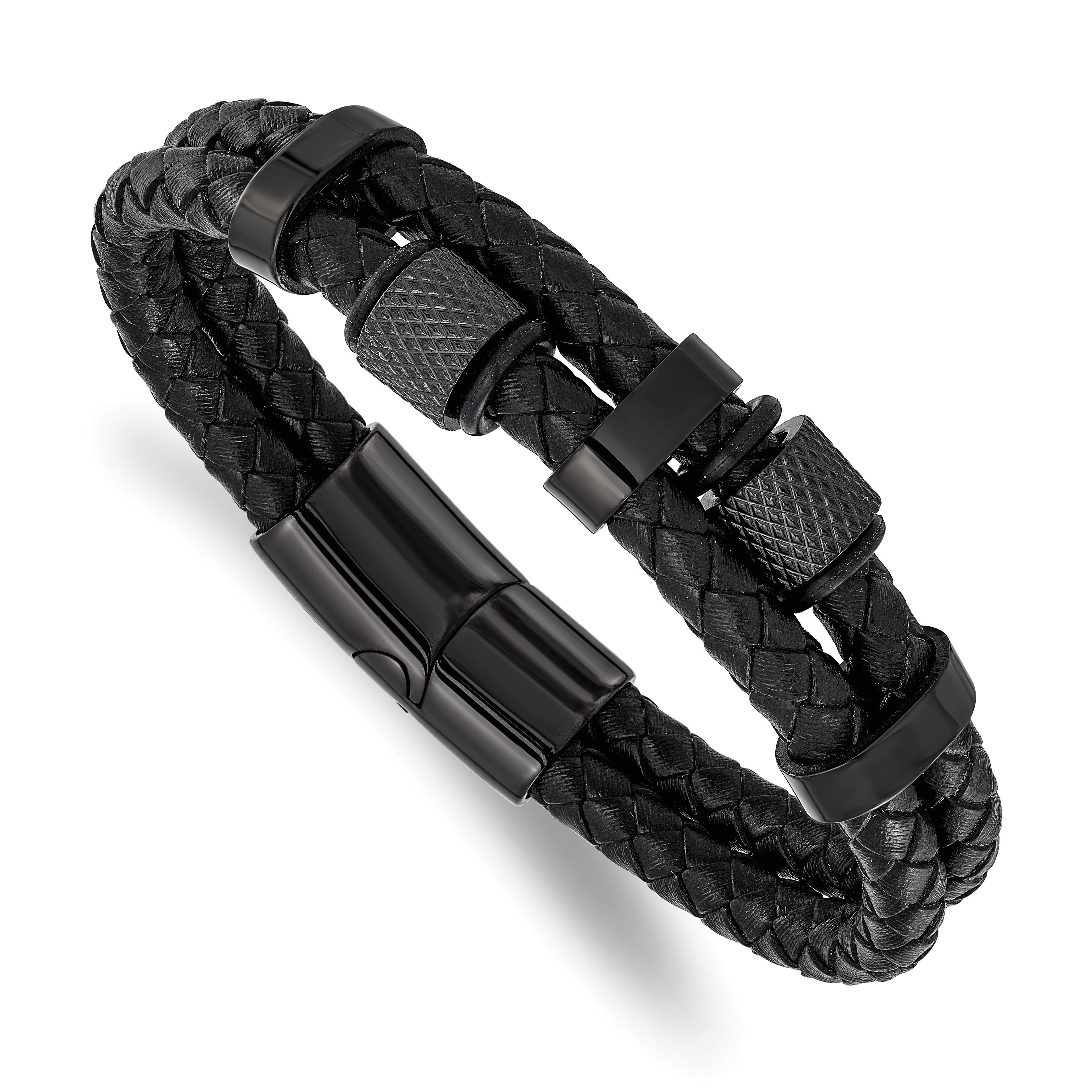 Men's Black Ion-Plated Polished Leather Stainless Steel Bracelet 12mm