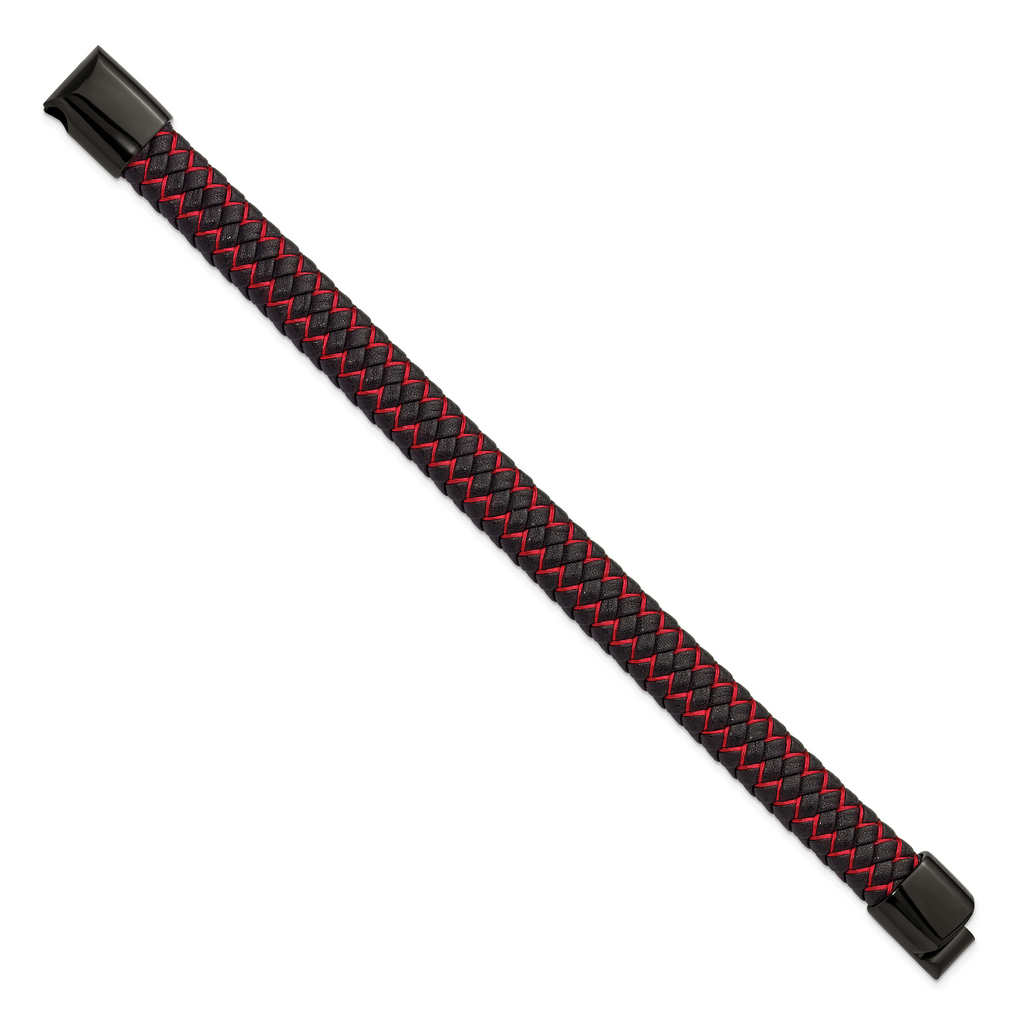 Men's Black Ion-Plated Polished Leather Stainless Steel Bracelet 12mm 8.25in