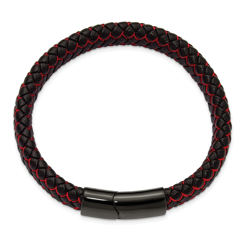 Men's Black Ion-Plated Polished Leather Stainless Steel Bracelet 12mm 8.25in