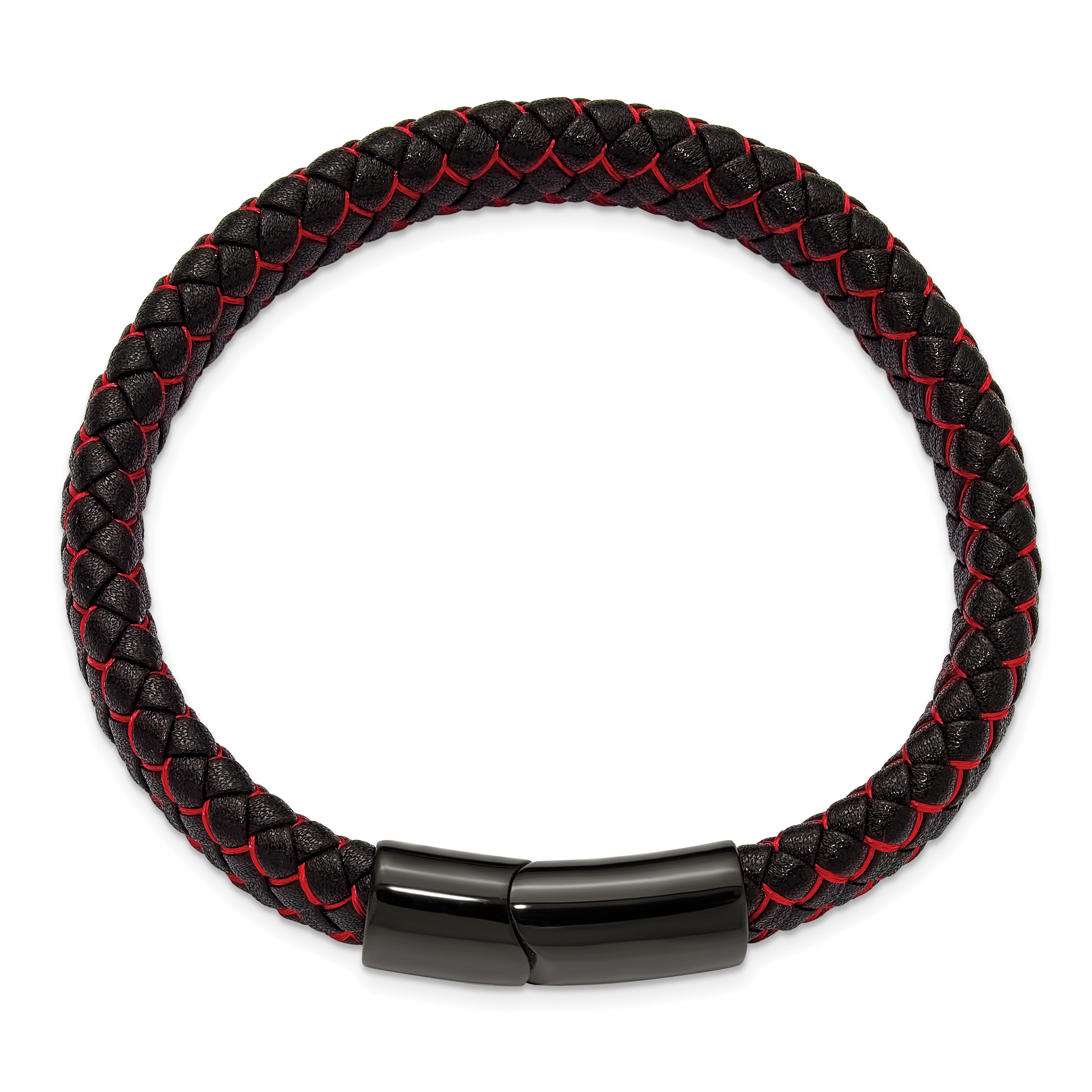 Men's Black Ion-Plated Polished Leather Stainless Steel Bracelet 12mm 8.25in