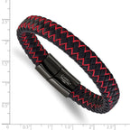 Men's Black Ion-Plated Polished Leather Stainless Steel Bracelet 12mm 8.25in