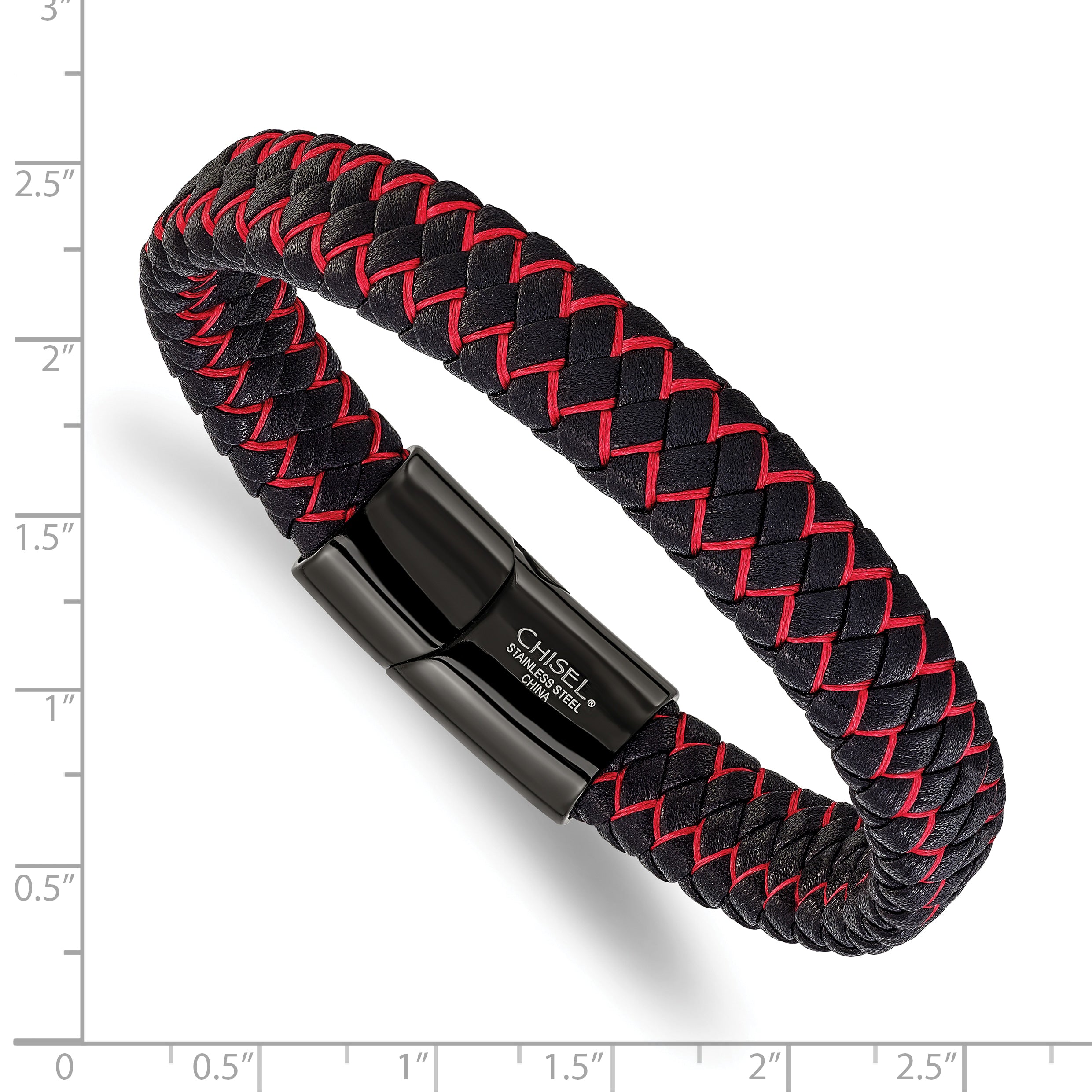 Men's Black Ion-Plated Polished Leather Stainless Steel Bracelet 12mm 8.25in
