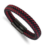Men's Black Ion-Plated Polished Leather Stainless Steel Bracelet 12mm 8.25in