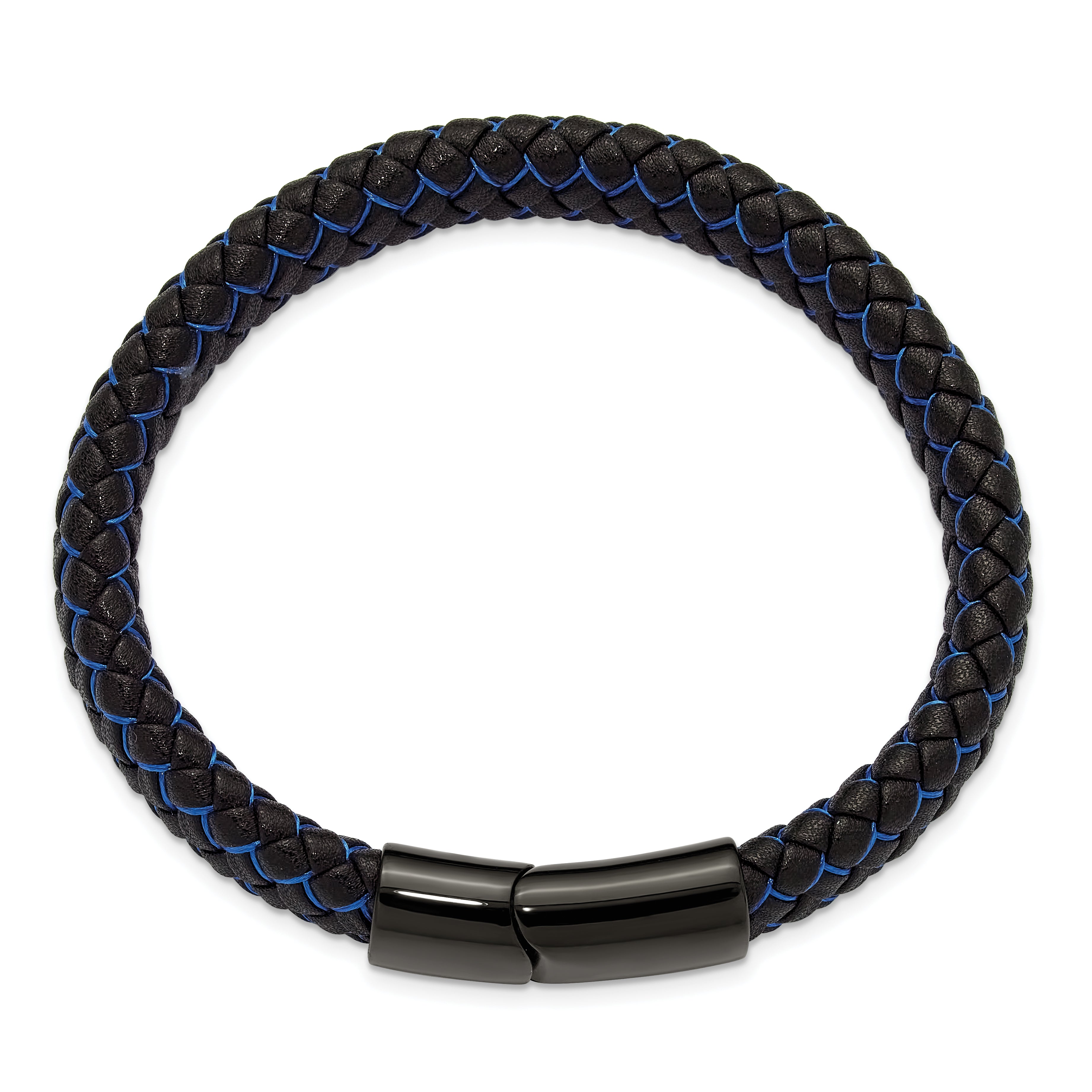 Men's Black Ion-Plated Polished Leather Stainless Steel Bracelet 12mm 8.25in