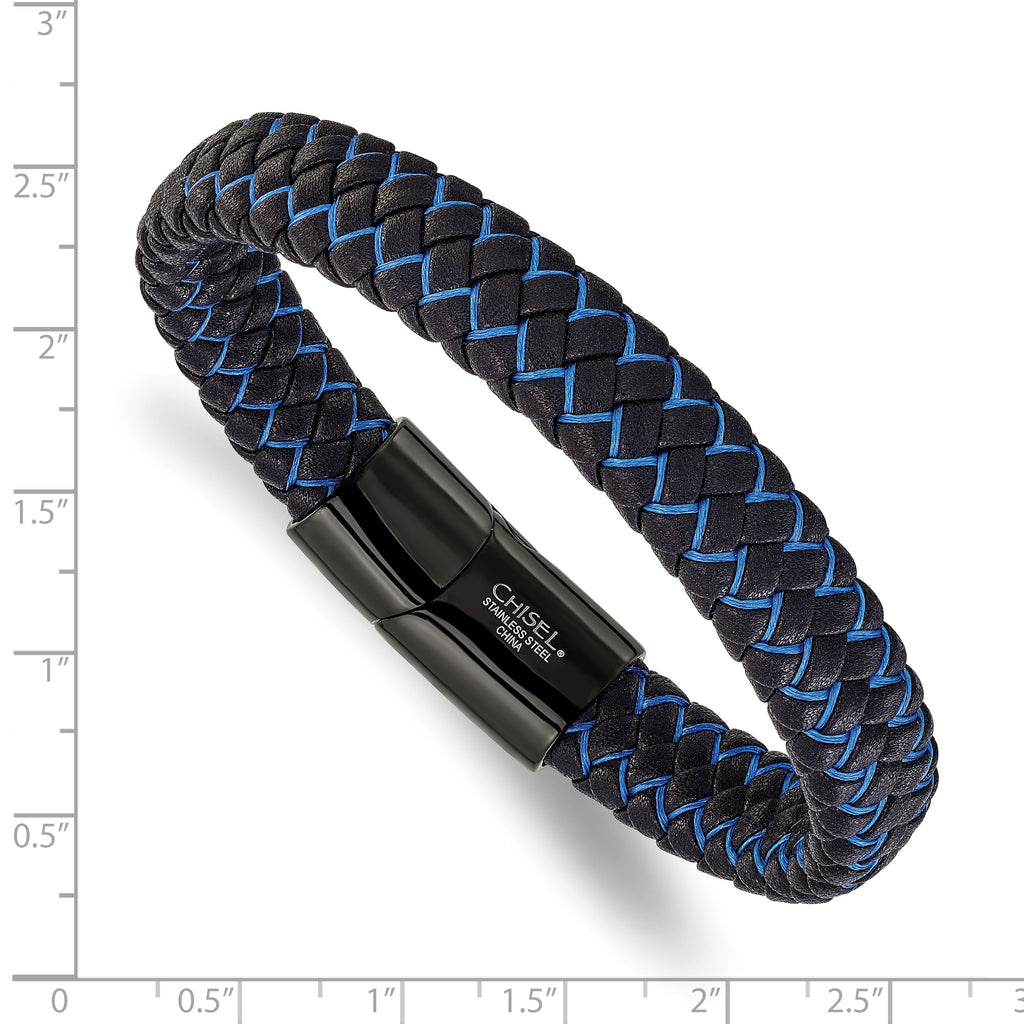 Men's Black Ion-Plated Polished Leather Stainless Steel Bracelet 12mm 8.25in